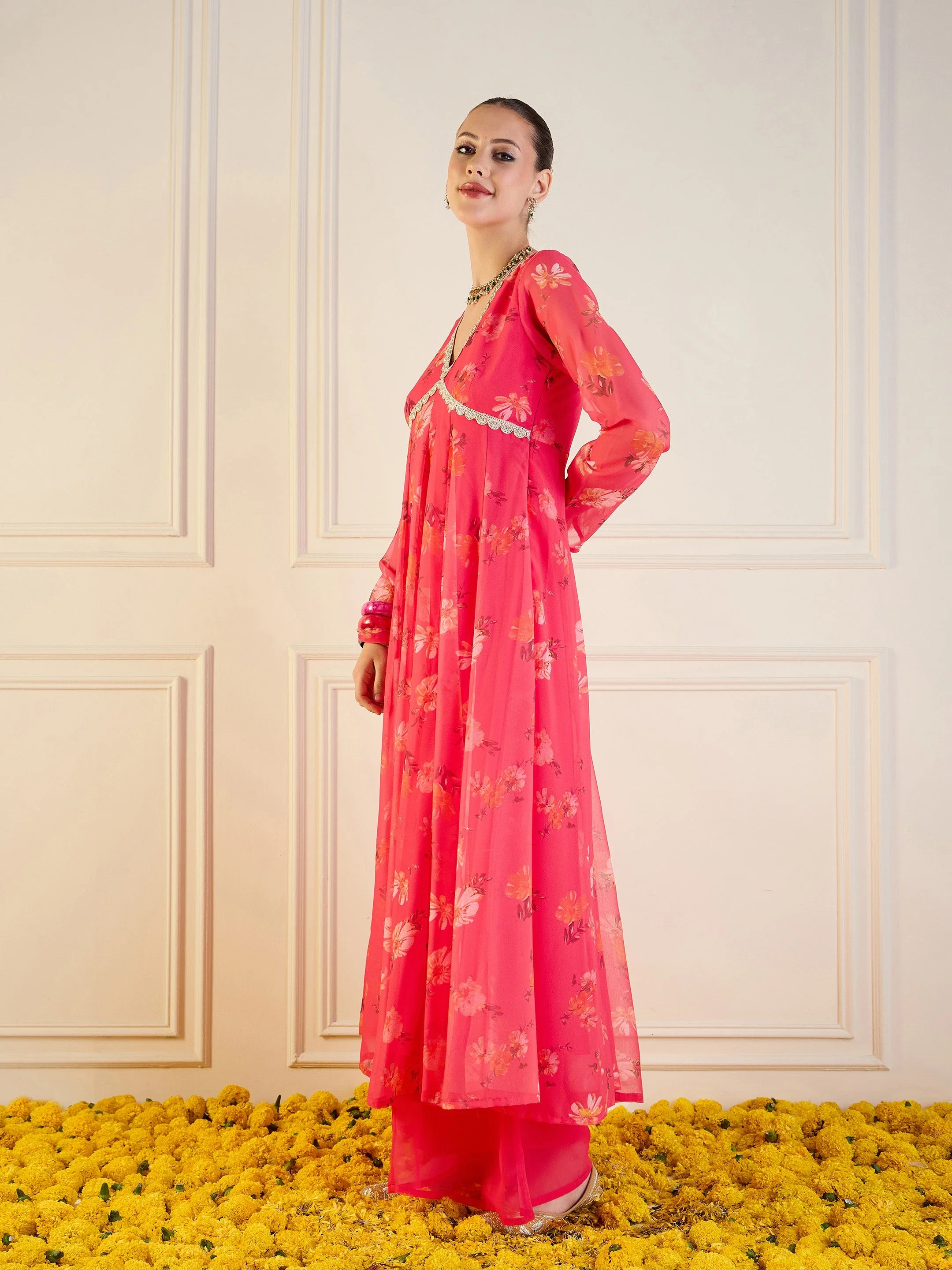 Women Fuchsia Floral Long Anarkali Kurta - Image 3