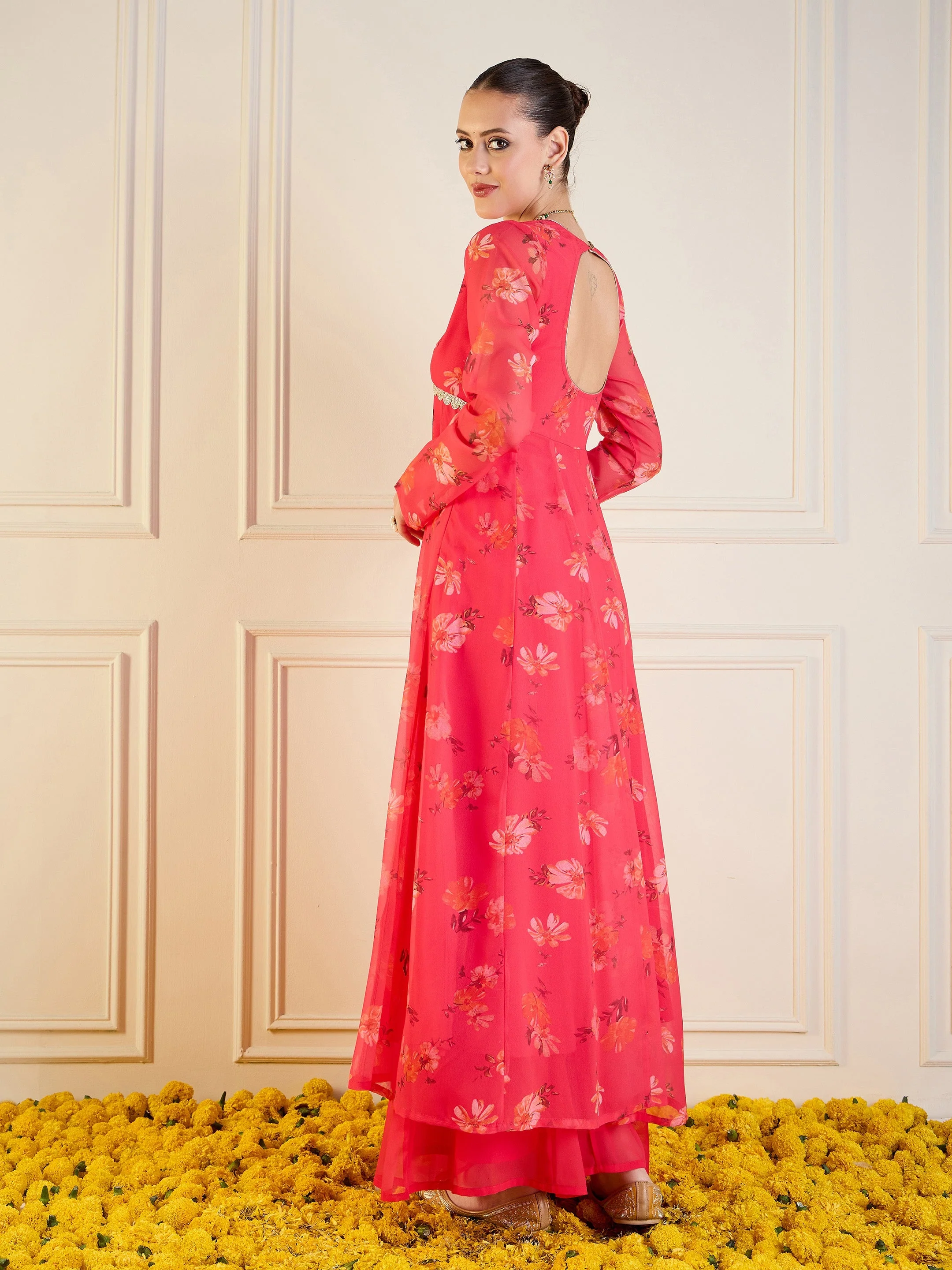 Women Fuchsia Floral Long Anarkali Kurta - Image 5