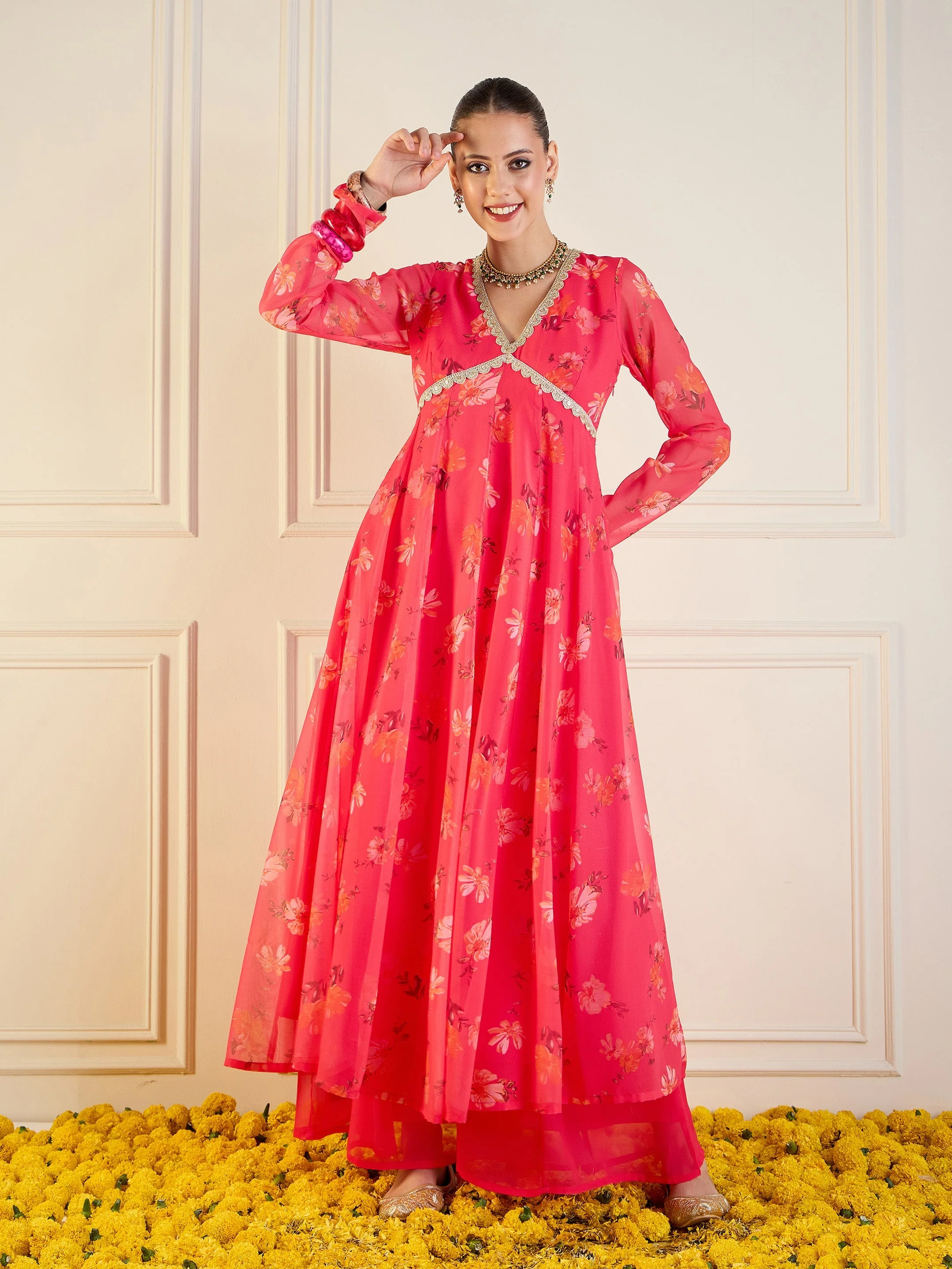 Women Fuchsia Floral Long Anarkali Kurta - Image 6