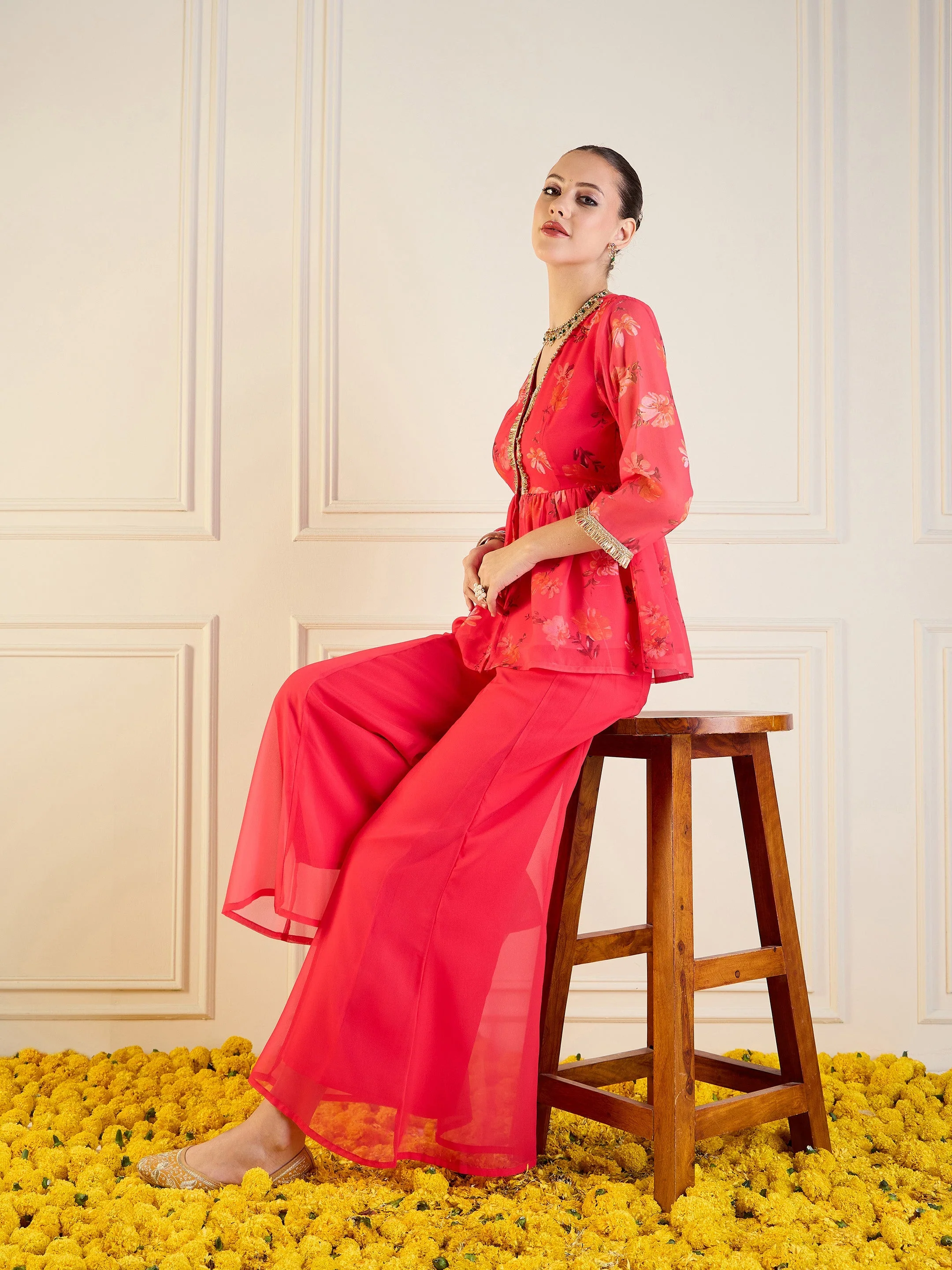 Women Fuchsia Floral Peplum Top With Flared Pants - Image 2