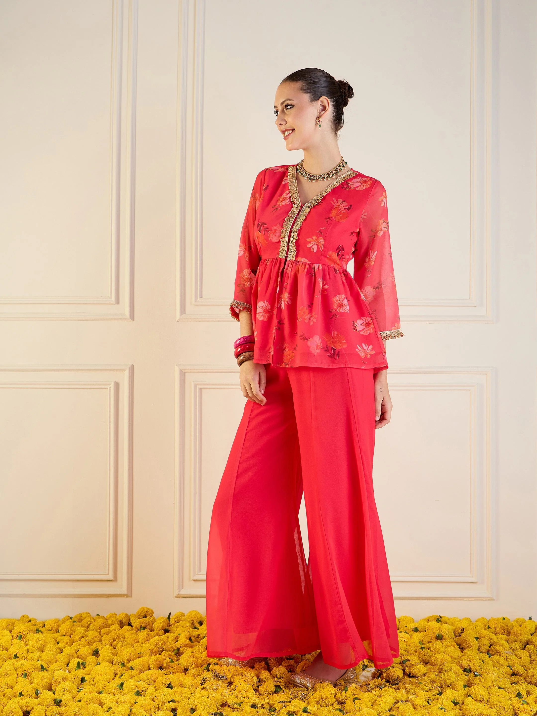 Women Fuchsia Floral Peplum Top With Flared Pants - Image 3