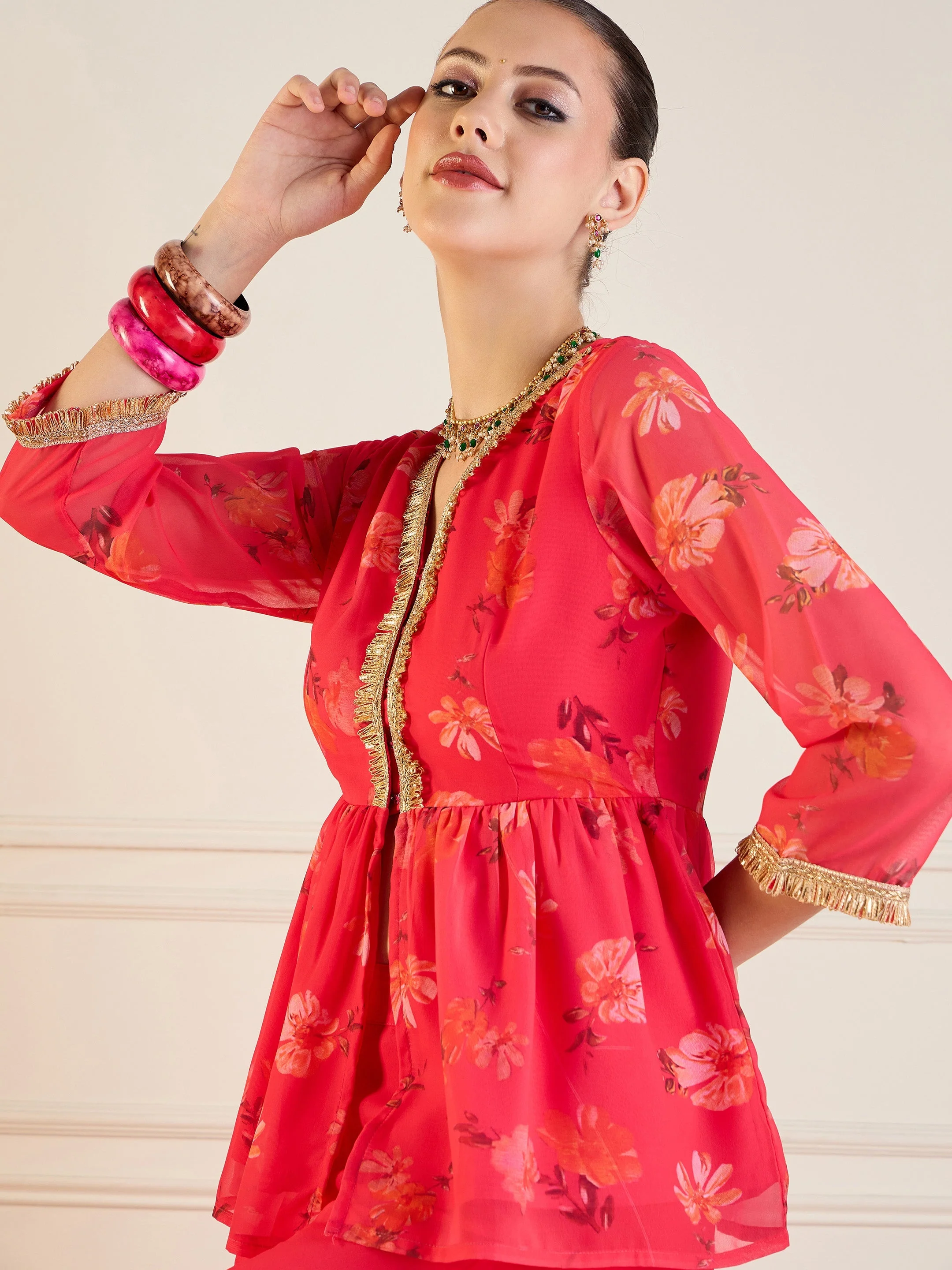 Women Fuchsia Floral Peplum Top With Flared Pants - Image 4