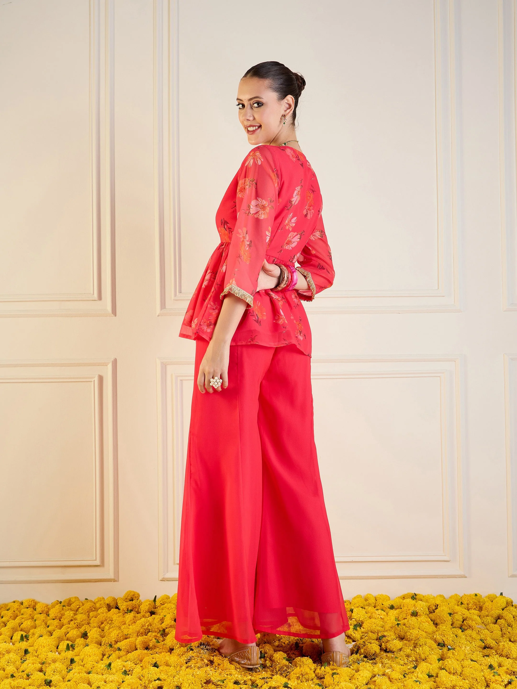 Women Fuchsia Floral Peplum Top With Flared Pants - Image 6