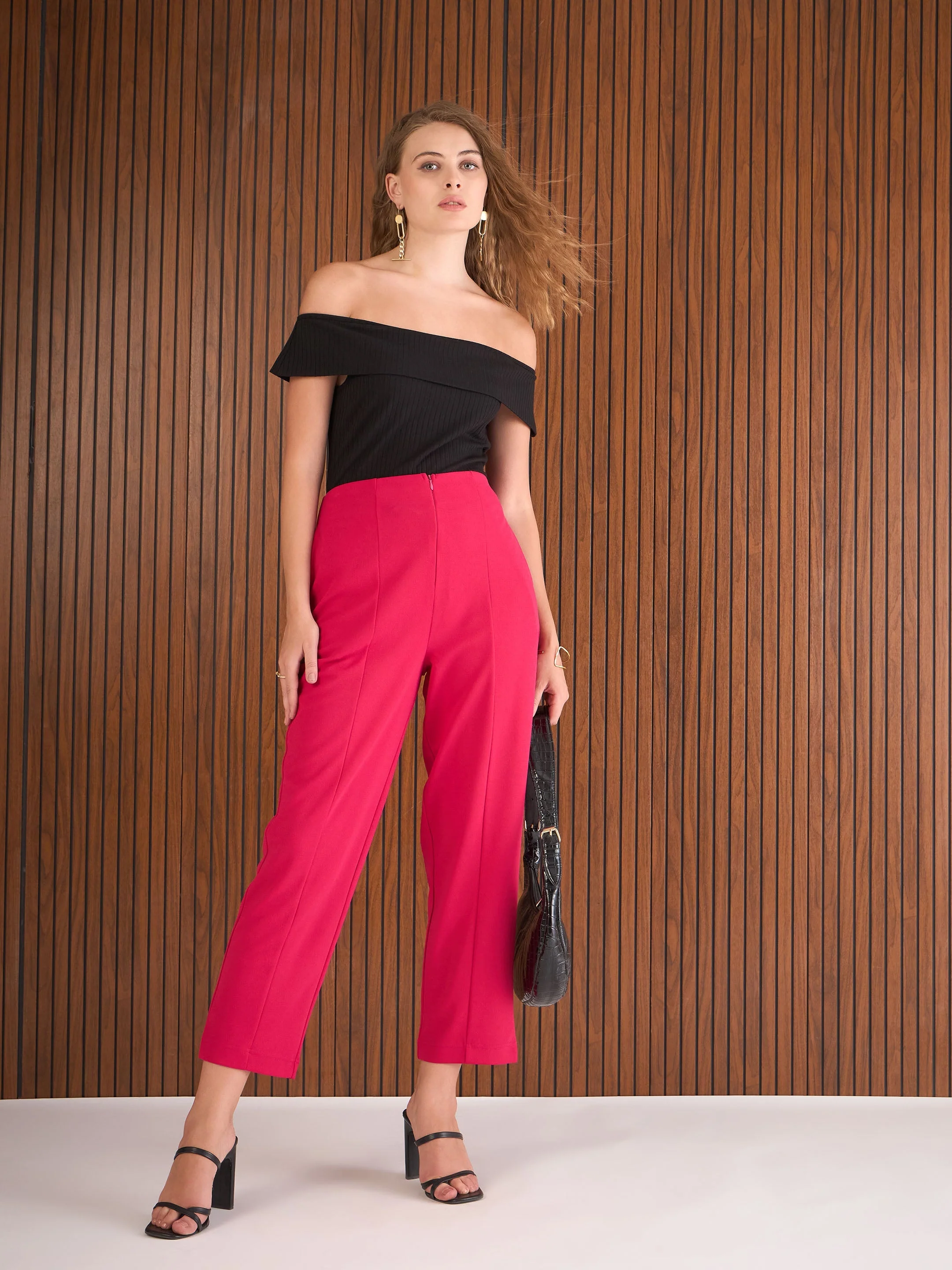 Women Fuchsia Front Darted High Waisted Pants - Image 2