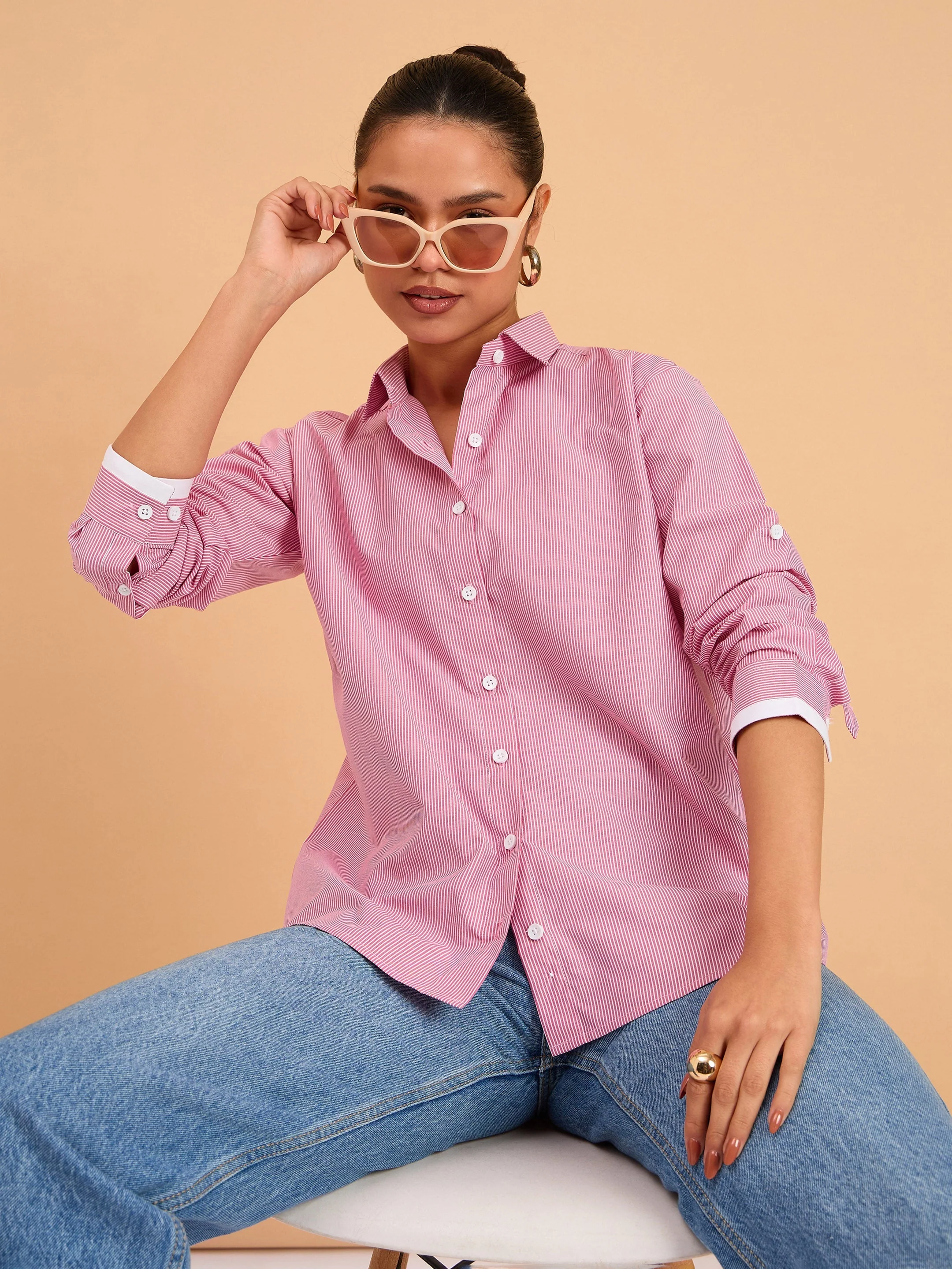 Women Fuchsia Striped Roll Up Sleeves Shirt - Image 2