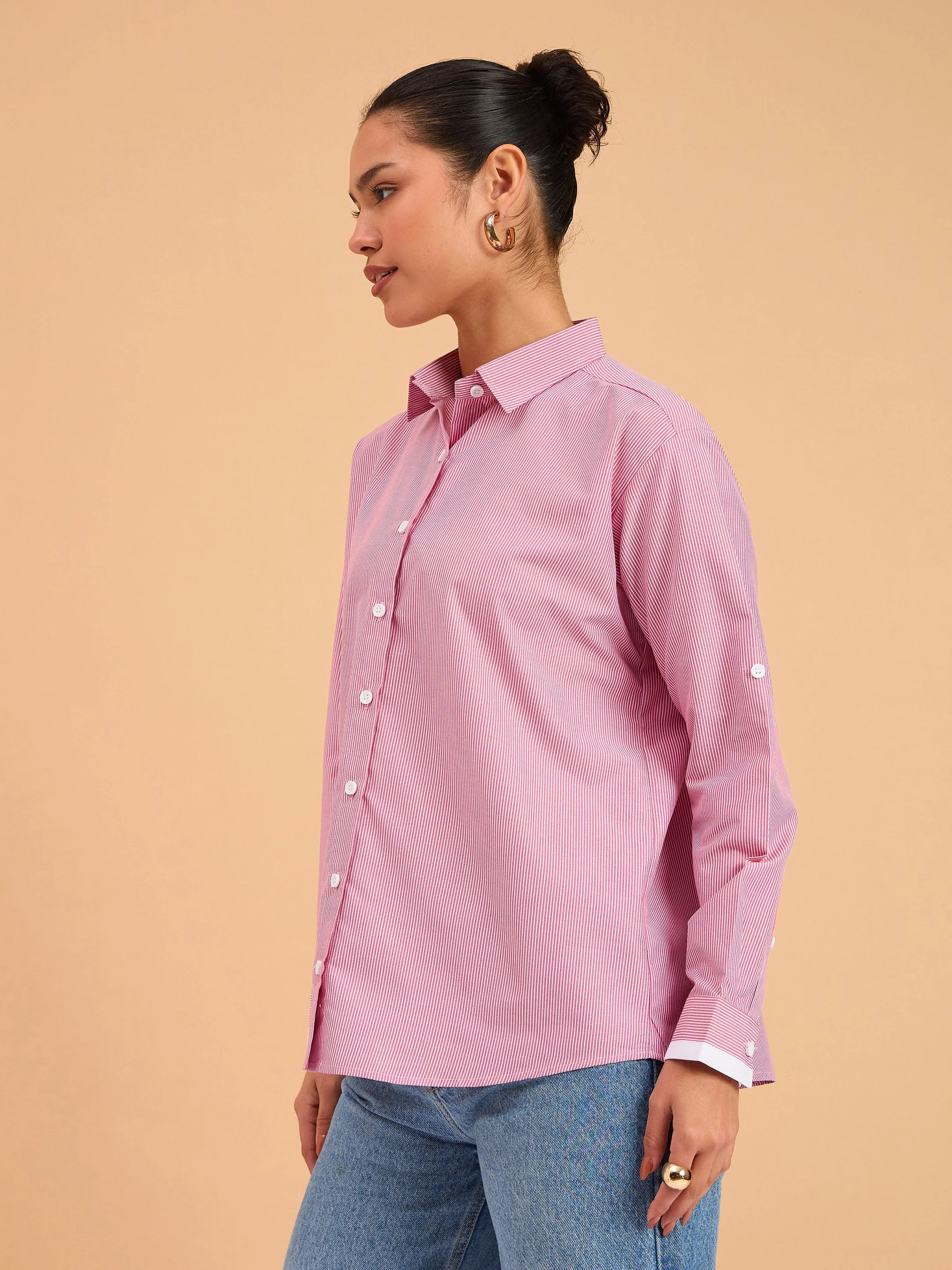 Women Fuchsia Striped Roll Up Sleeves Shirt - Image 3