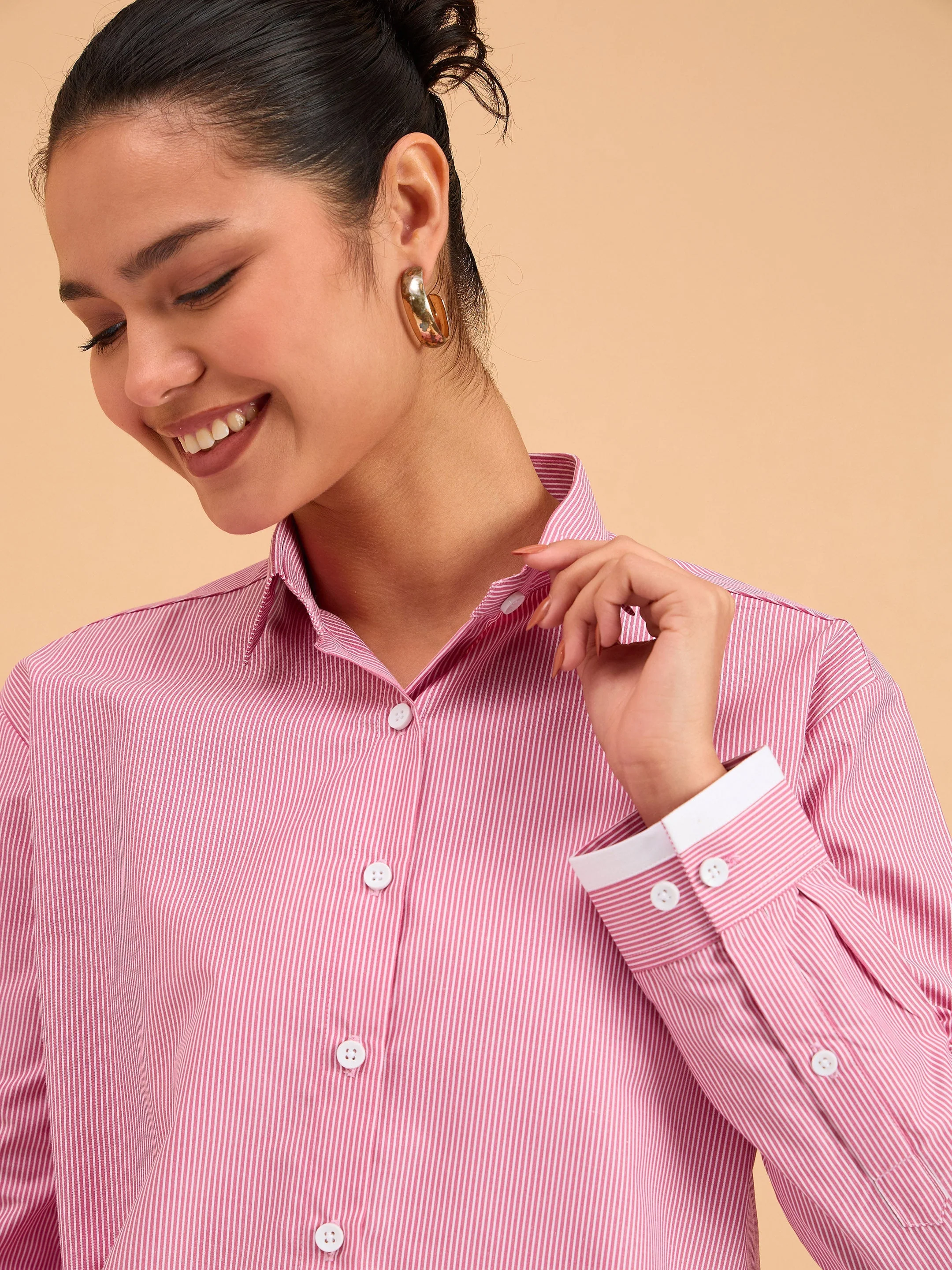 Women Fuchsia Striped Roll Up Sleeves Shirt - Image 4