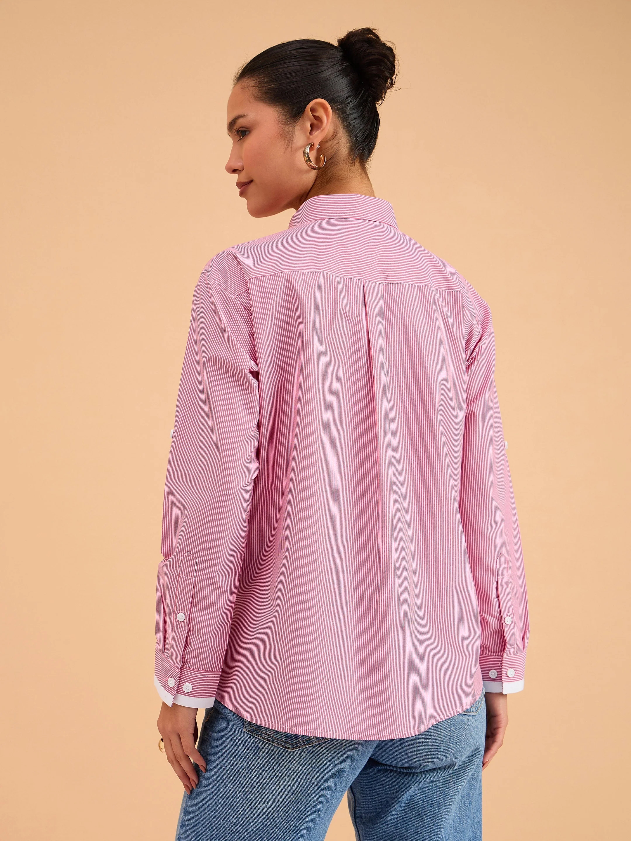 Women Fuchsia Striped Roll Up Sleeves Shirt - Image 5