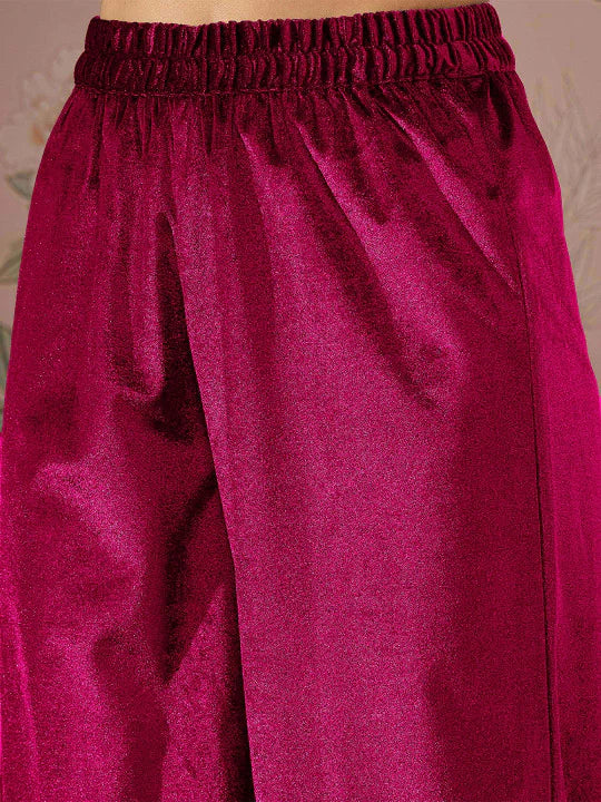 Women Fuchsia Velvet Elasticated Straight Pants - Image 3