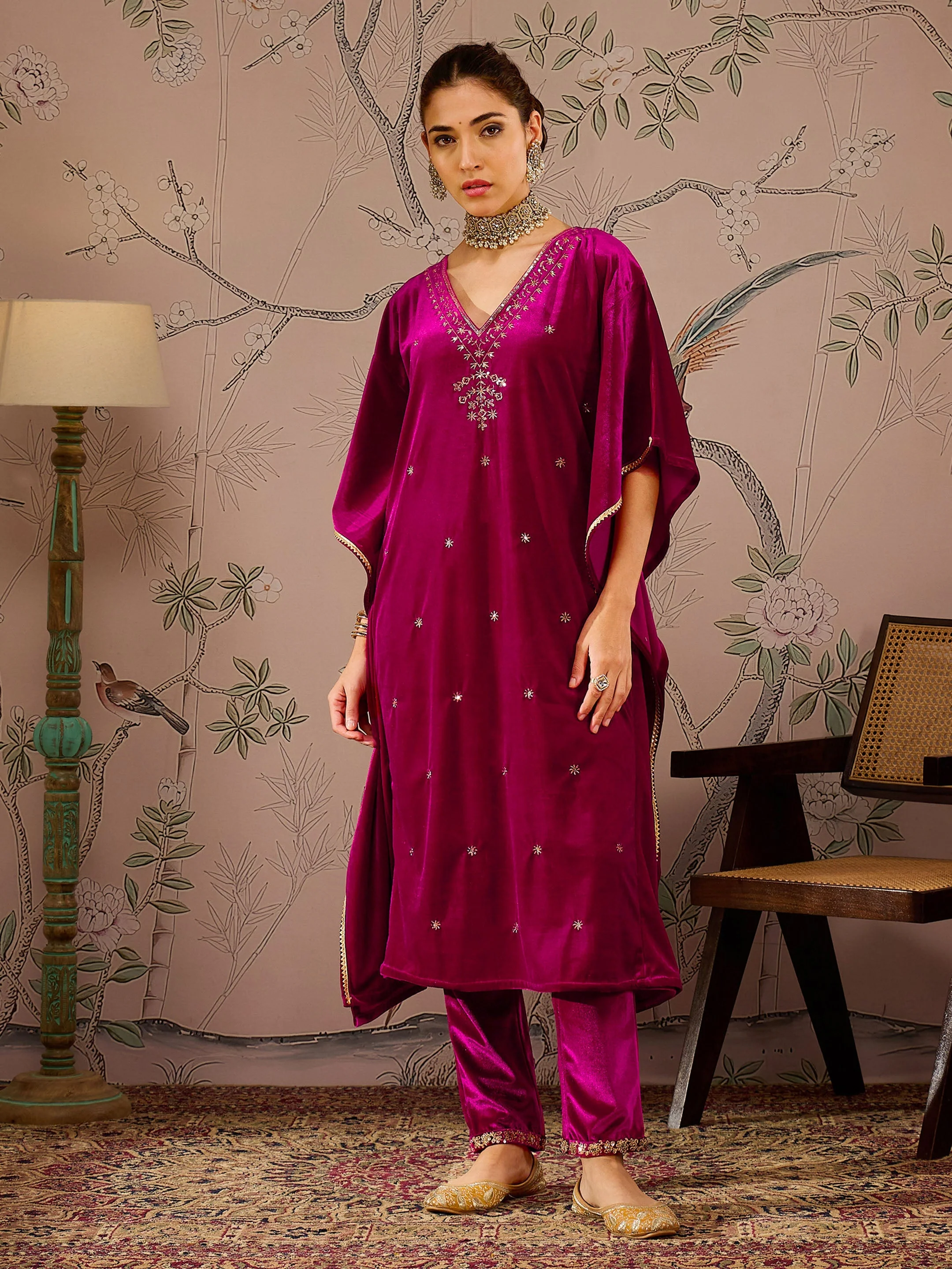 Women Fuchsia Velvet Front Embroidered Kaftan Kurta