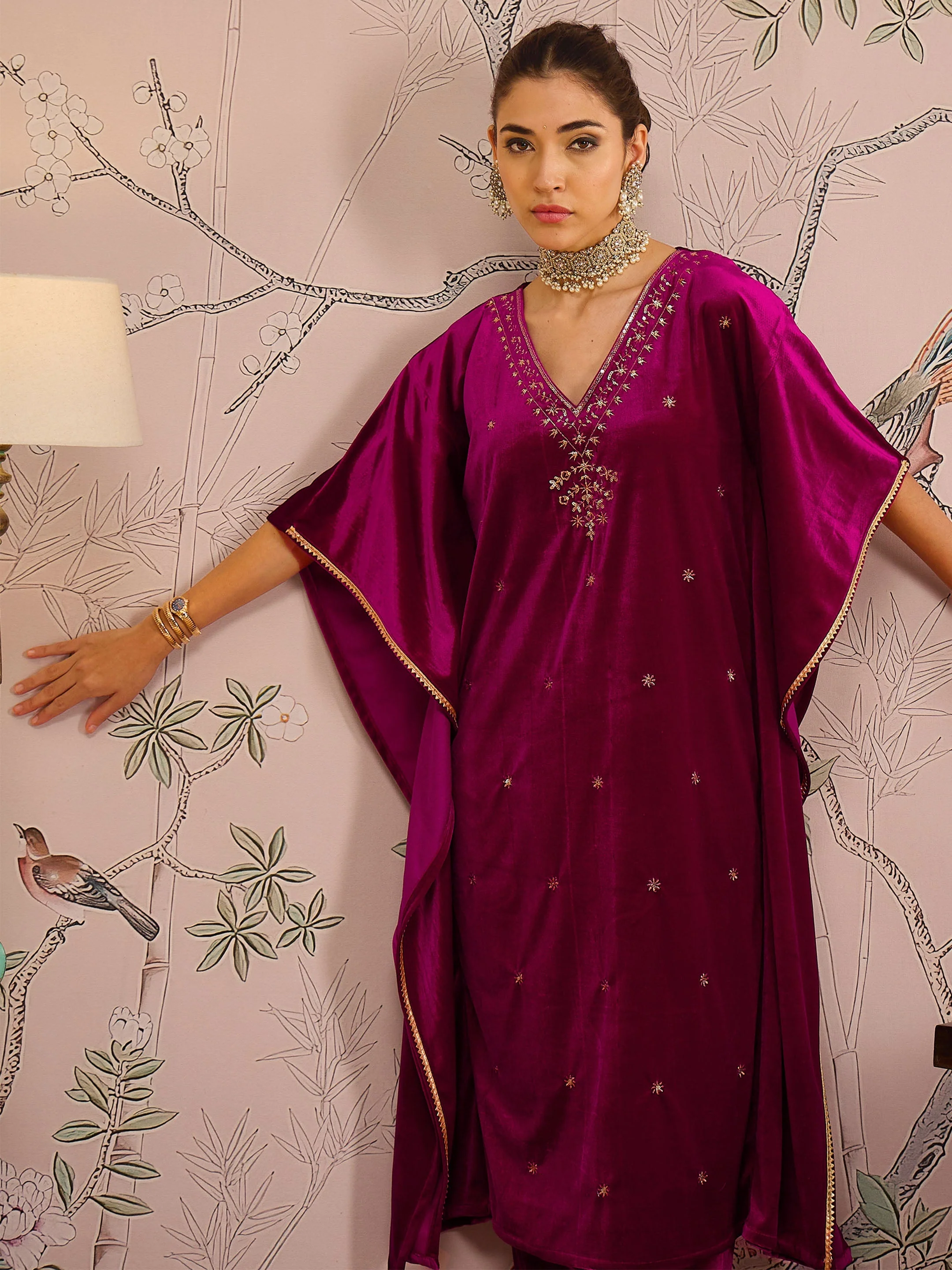 Women Fuchsia Velvet Front Embroidered Kaftan Kurta - Image 2