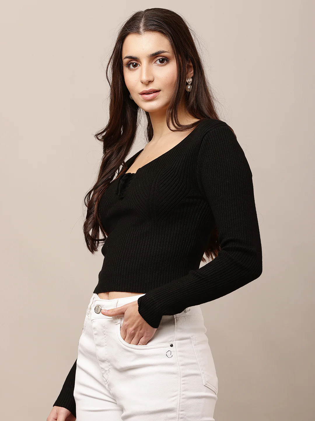 Women Full Sleeve Black Viscose Top - Image 2