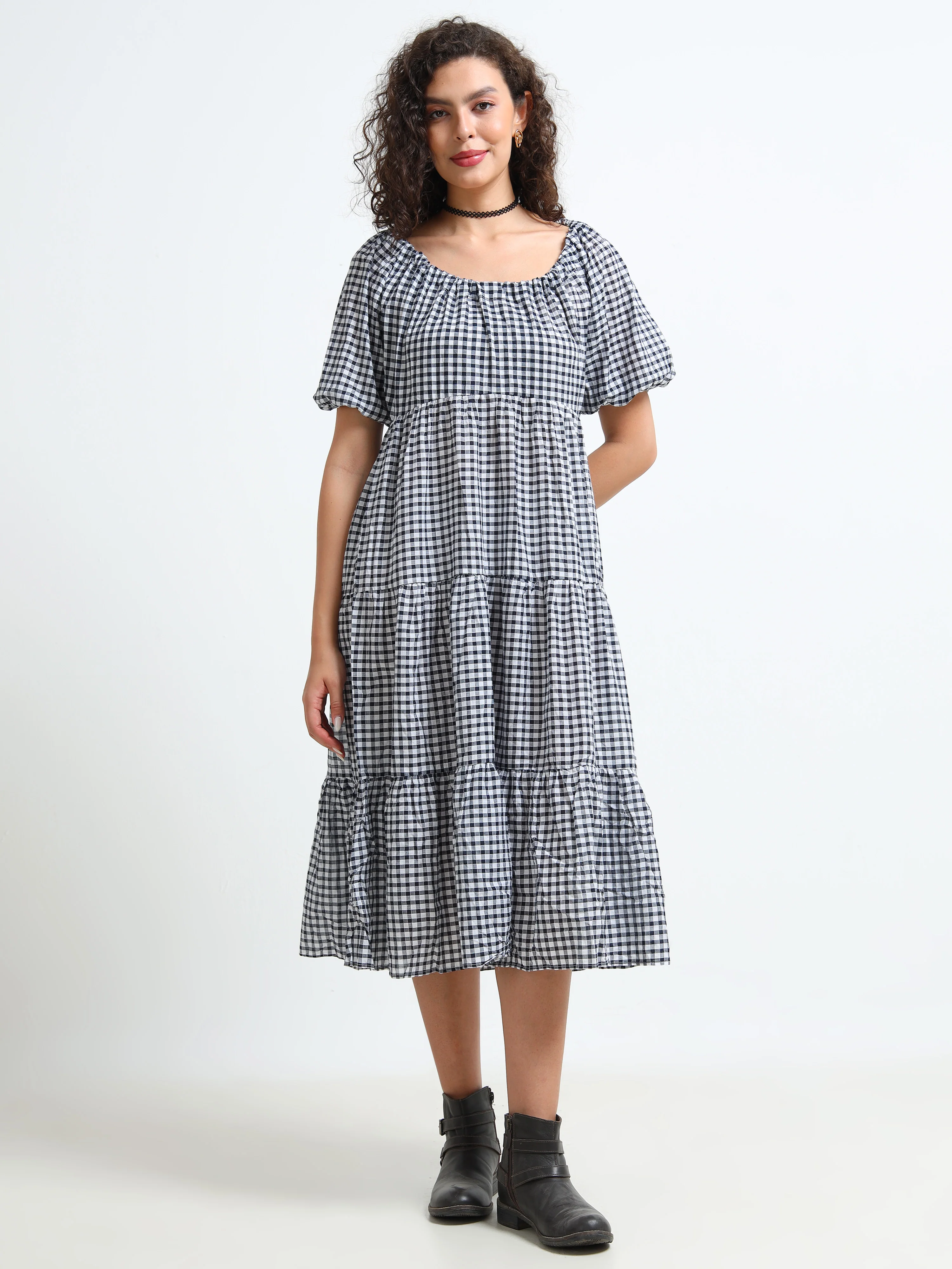 Women Gingham Check Tier Dress - Image 2