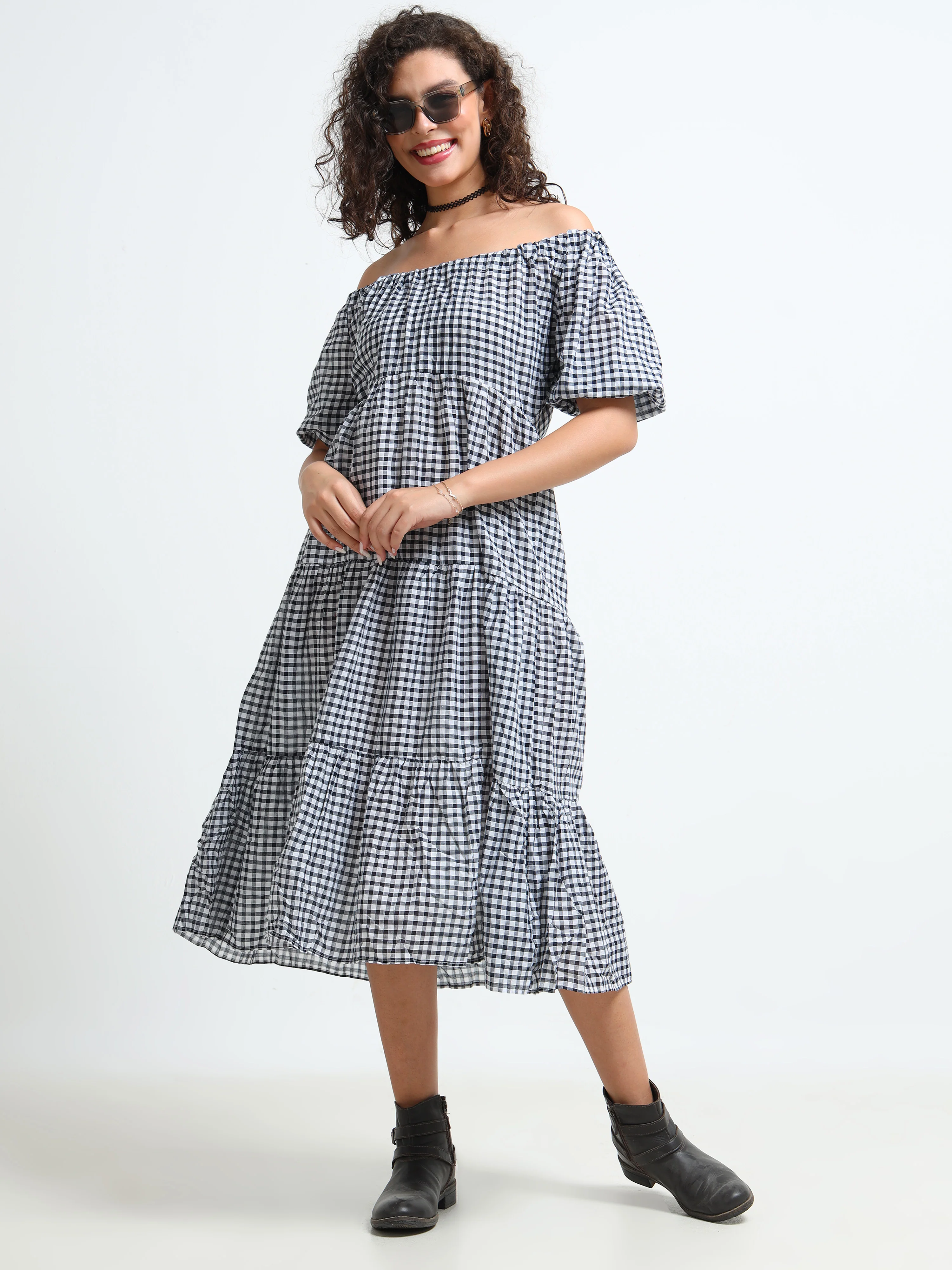 Women Gingham Check Tier Dress - Image 3
