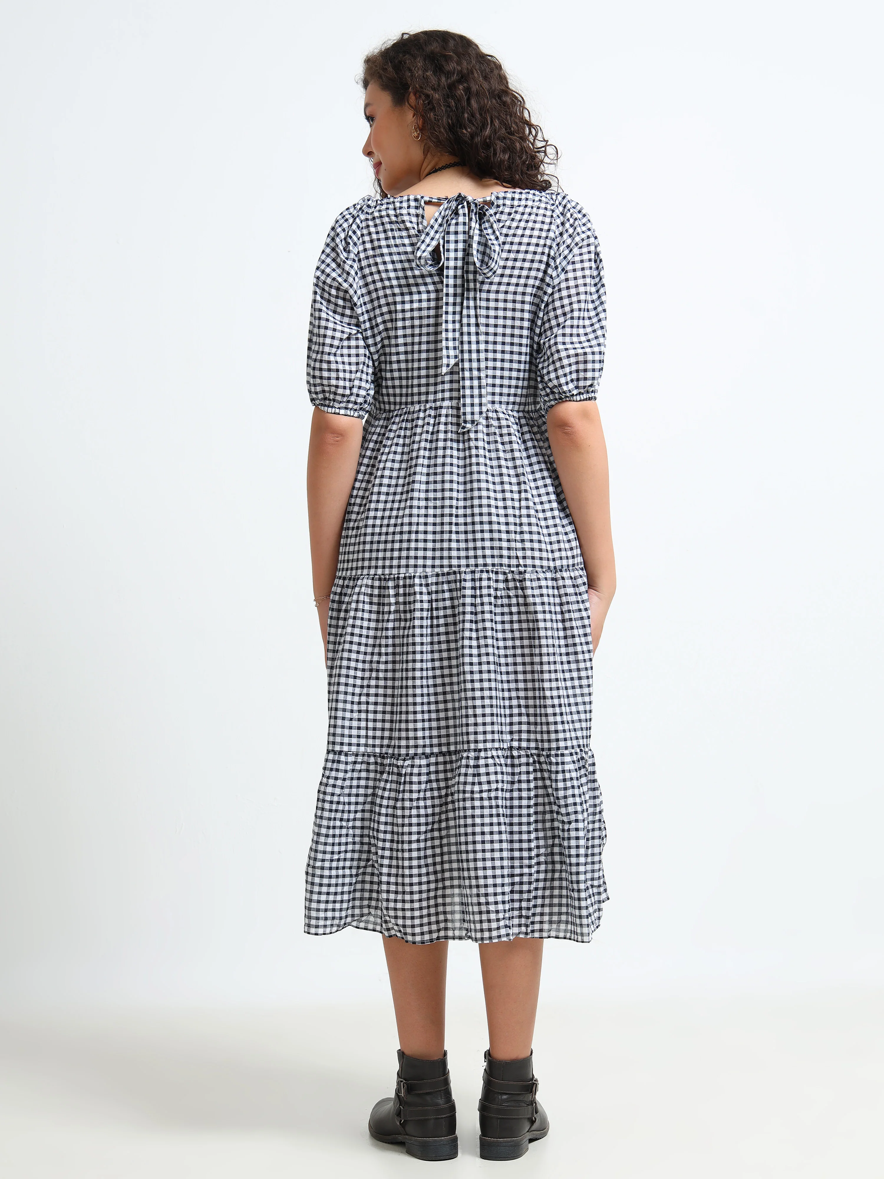 Women Gingham Check Tier Dress - Image 4