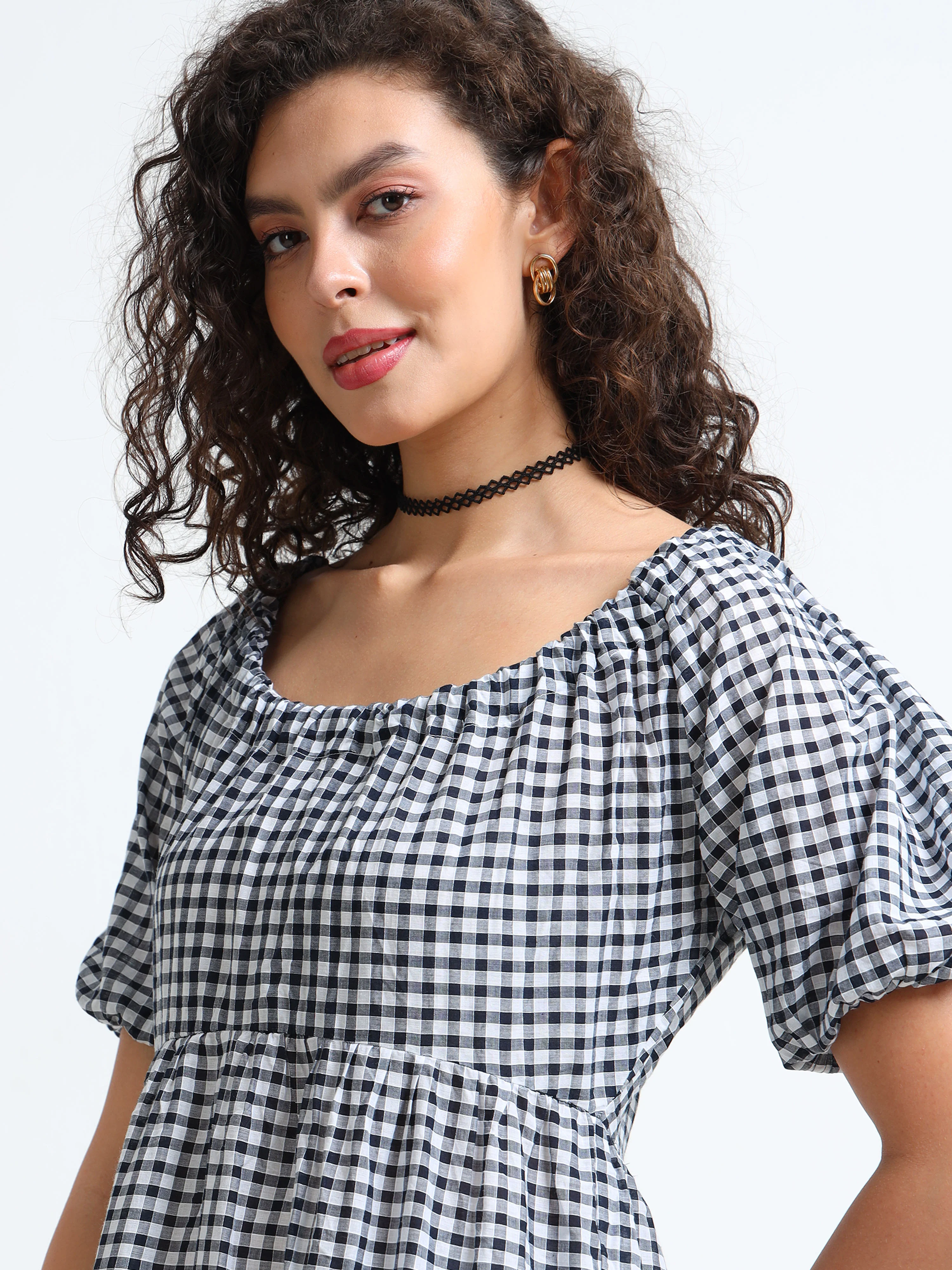 Women Gingham Check Tier Dress - Image 5