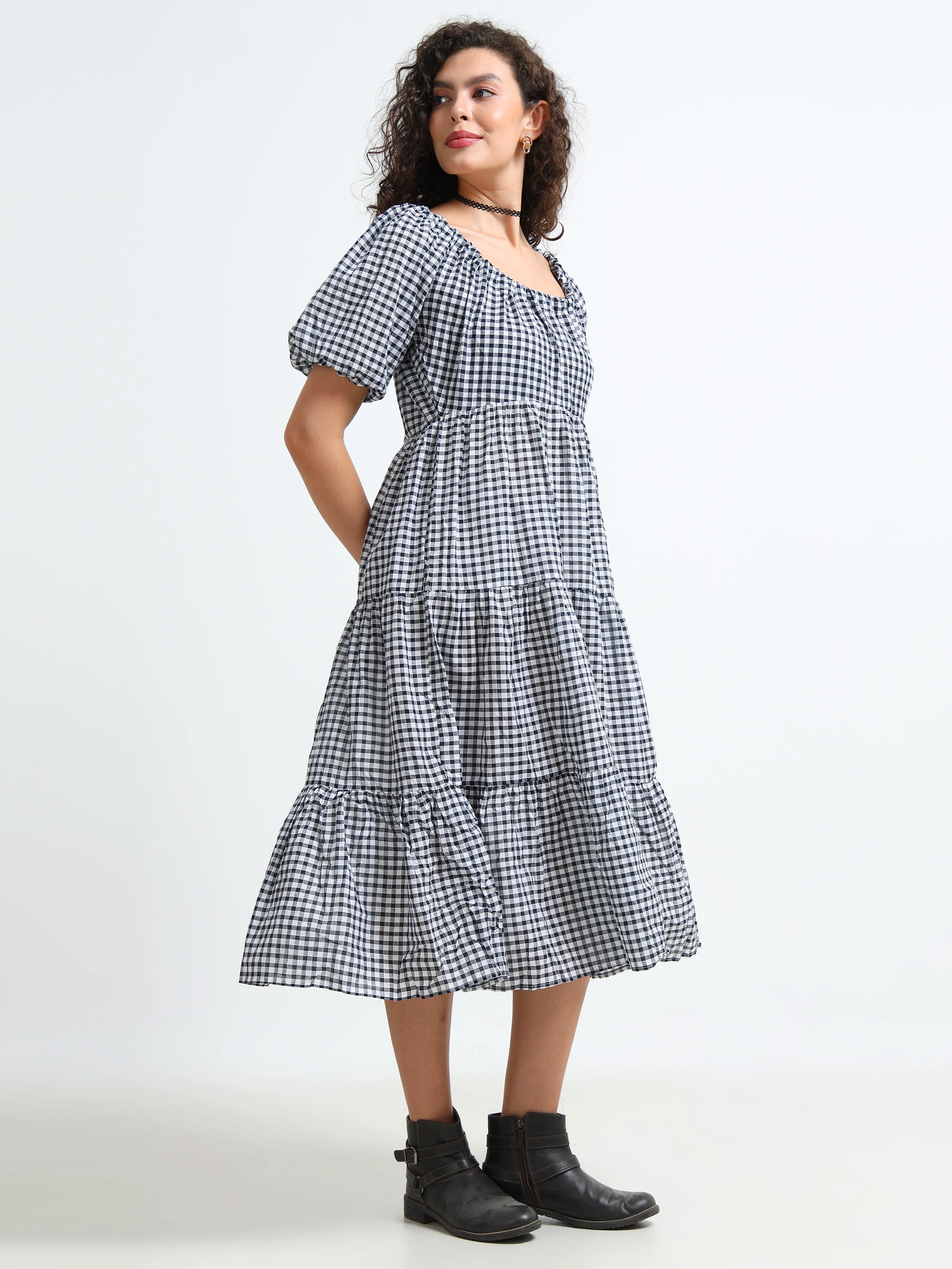 Women Gingham Check Tier Dress - Image 6