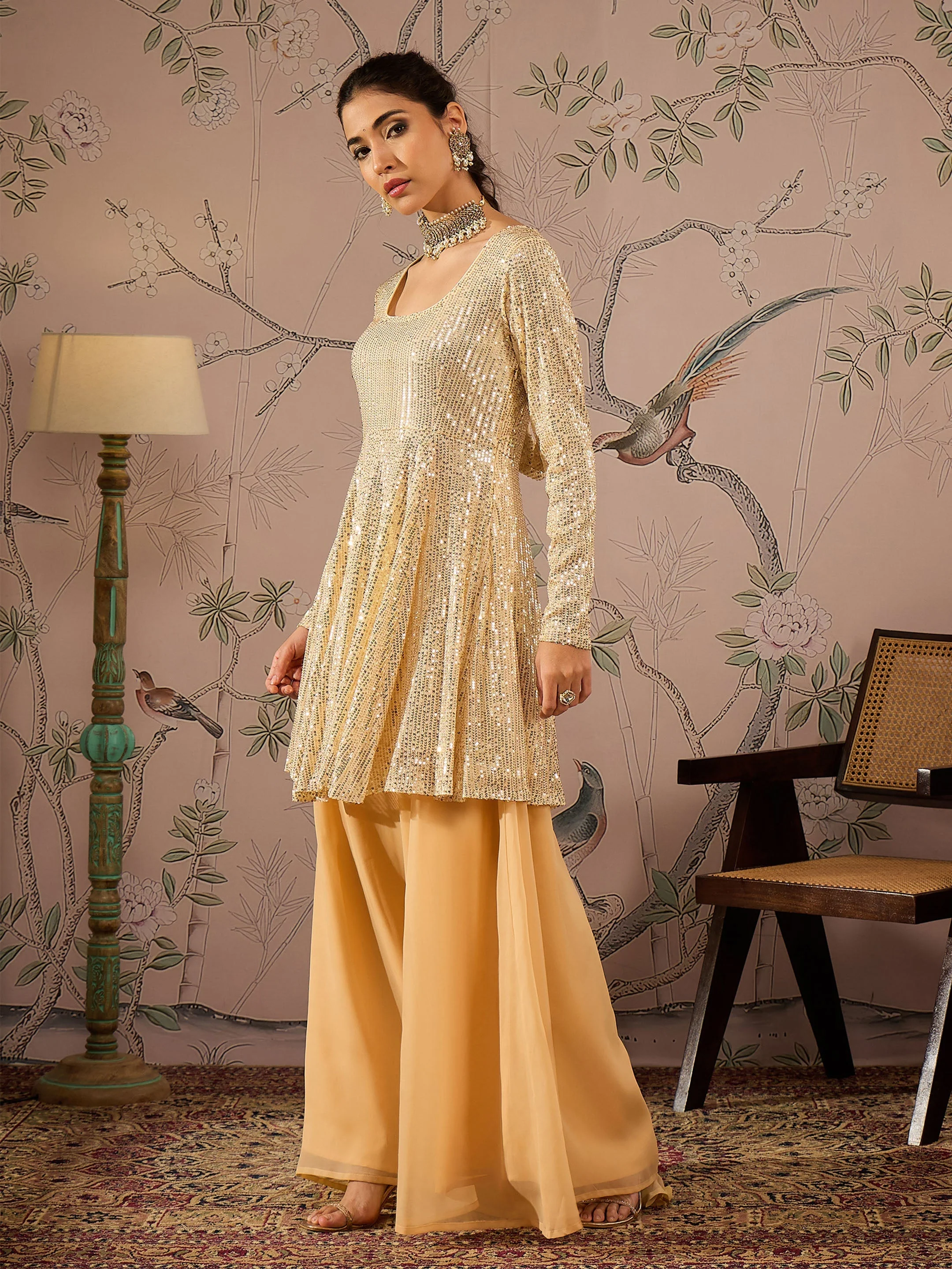 Women Gold Sequins Peplum Top With Flared Pants - Image 3
