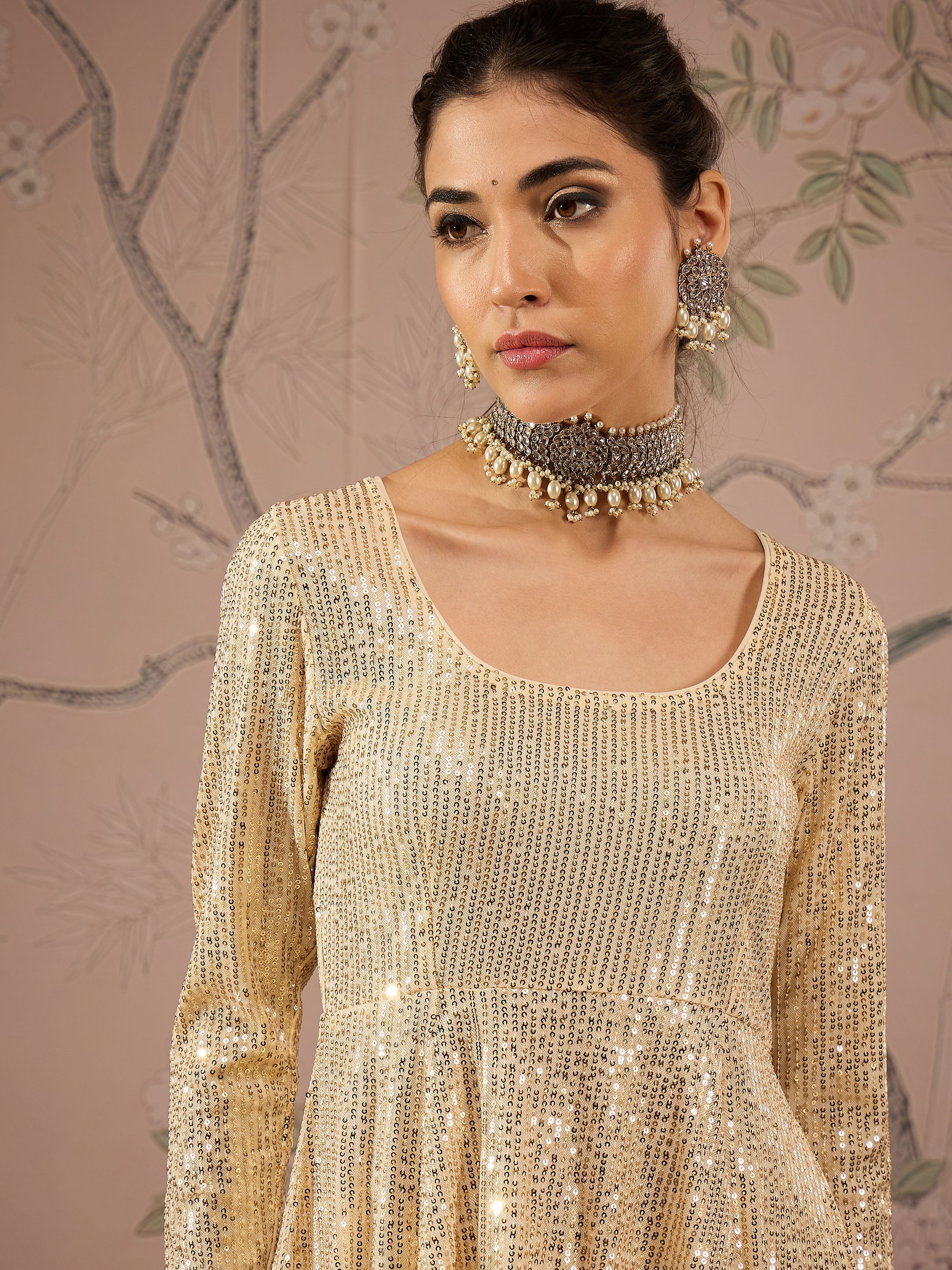 Women Gold Sequins Peplum Top With Flared Pants - Image 4