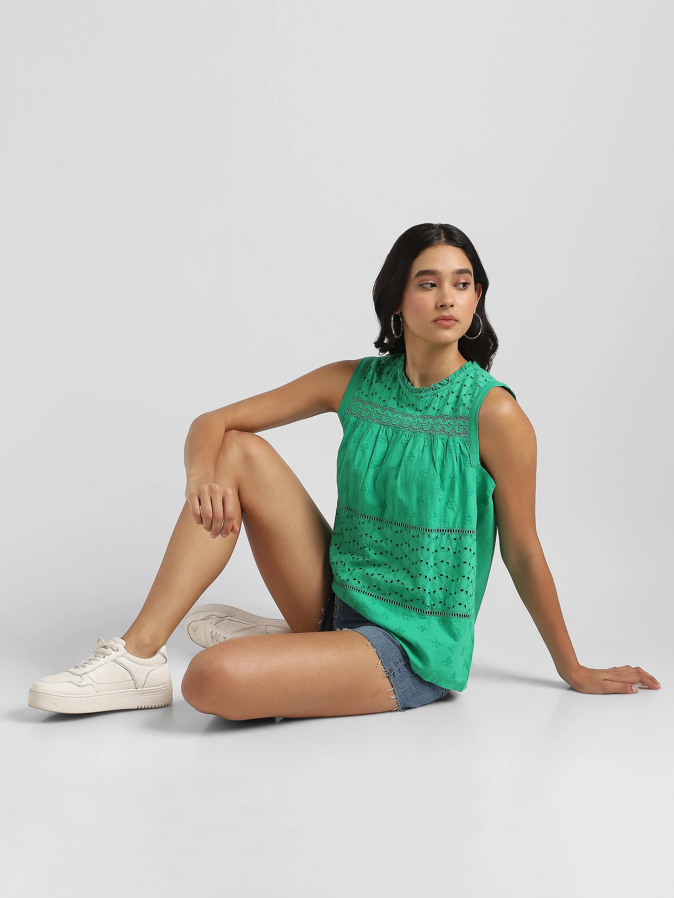 Women Cotton Green Shiffli Embroidered Top - Image 3