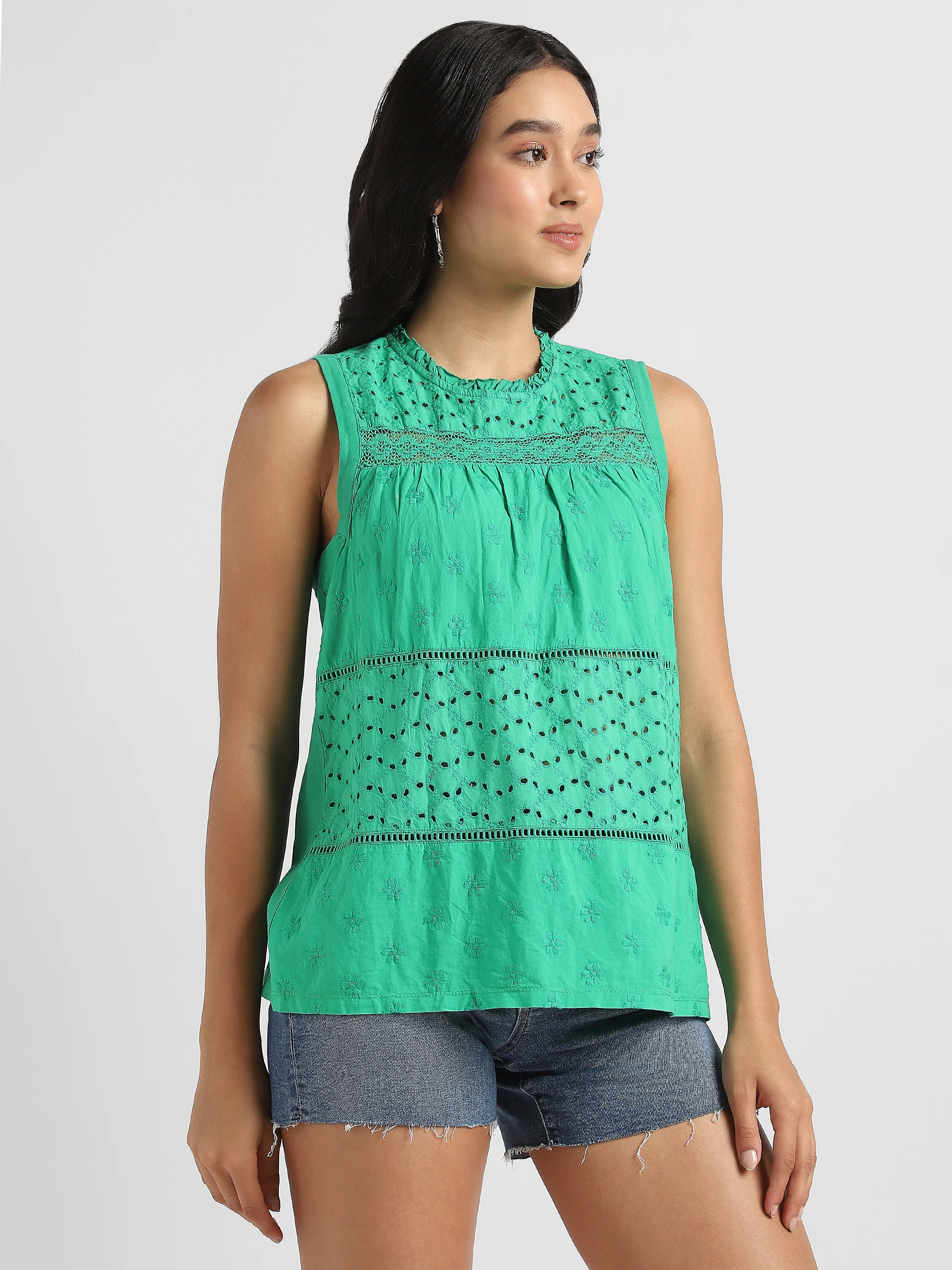 Women Cotton Green Shiffli Embroidered Top - Image 4