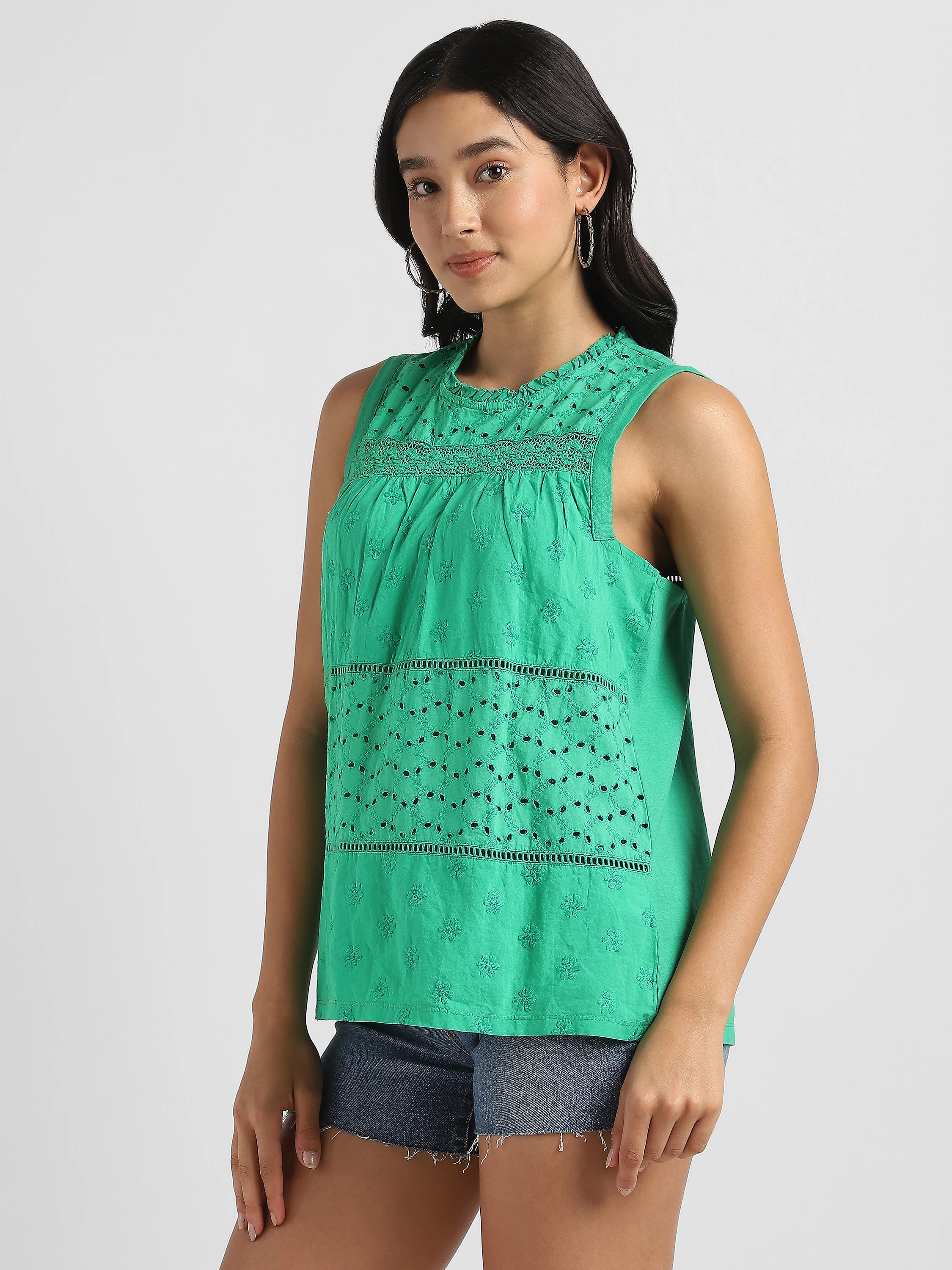 Women Cotton Green Shiffli Embroidered Top - Image 5