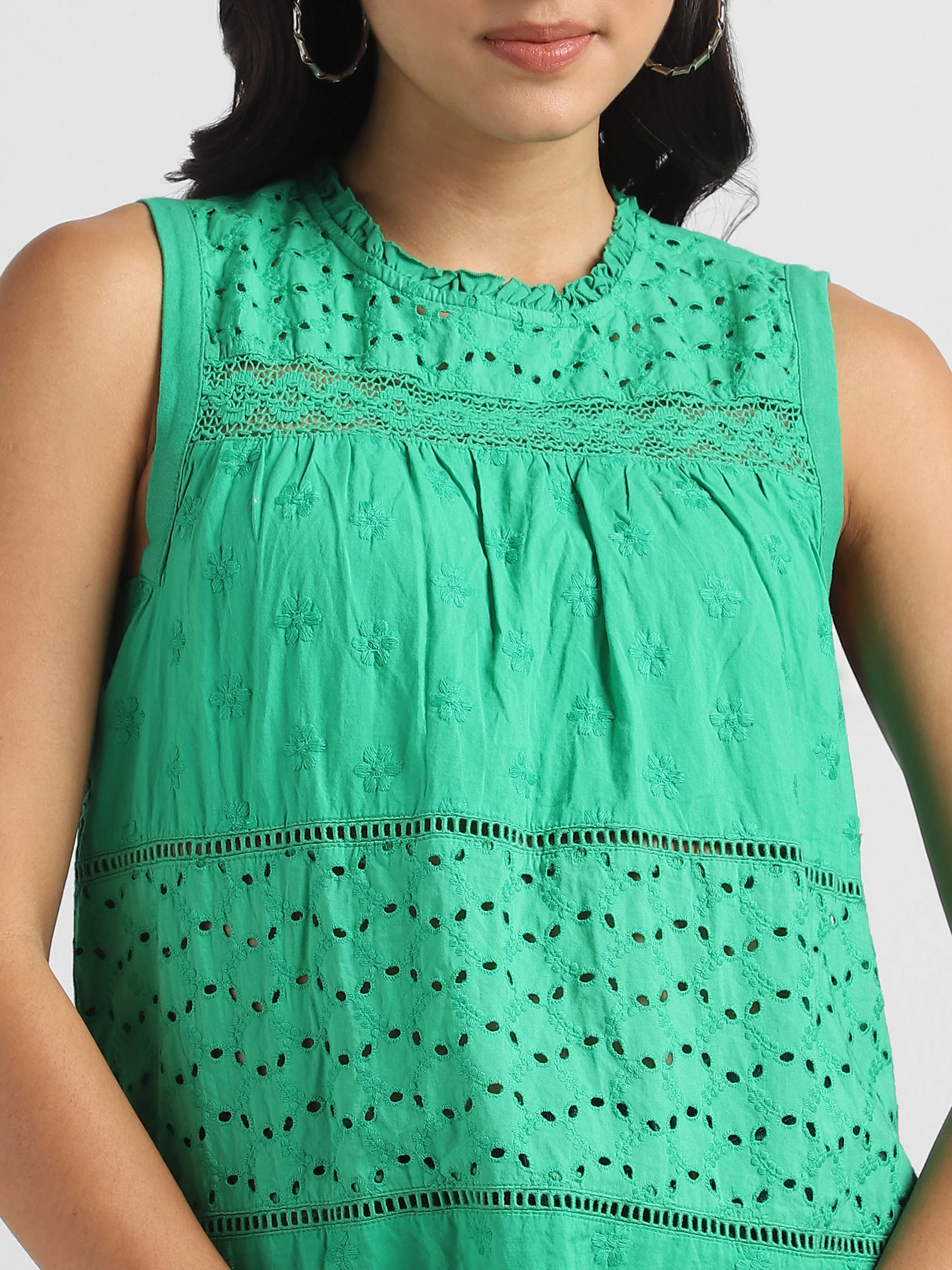 Women Cotton Green Shiffli Embroidered Top - Image 6