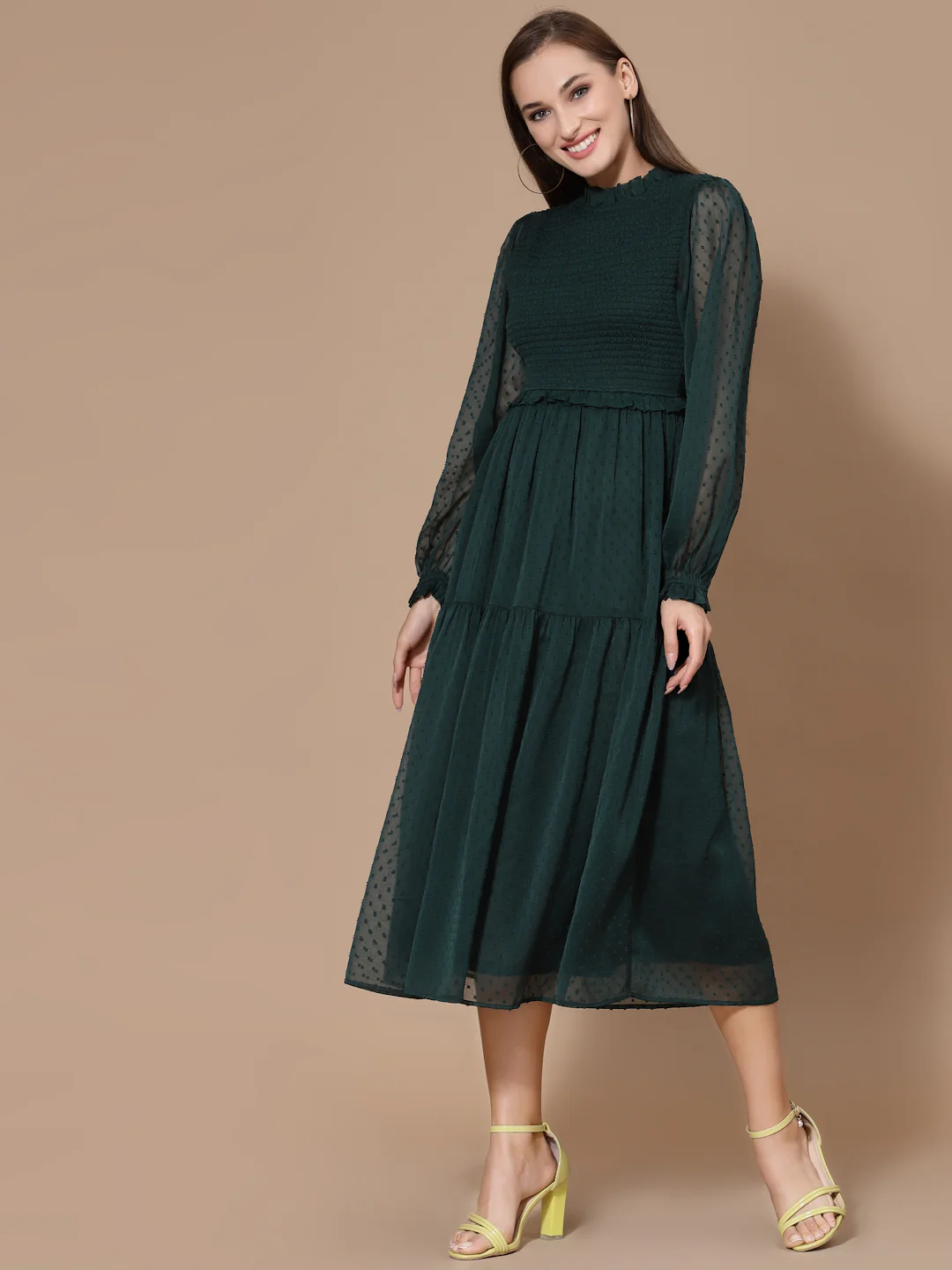 Women Green A-Line Odour Free Midi Dress - Image 3