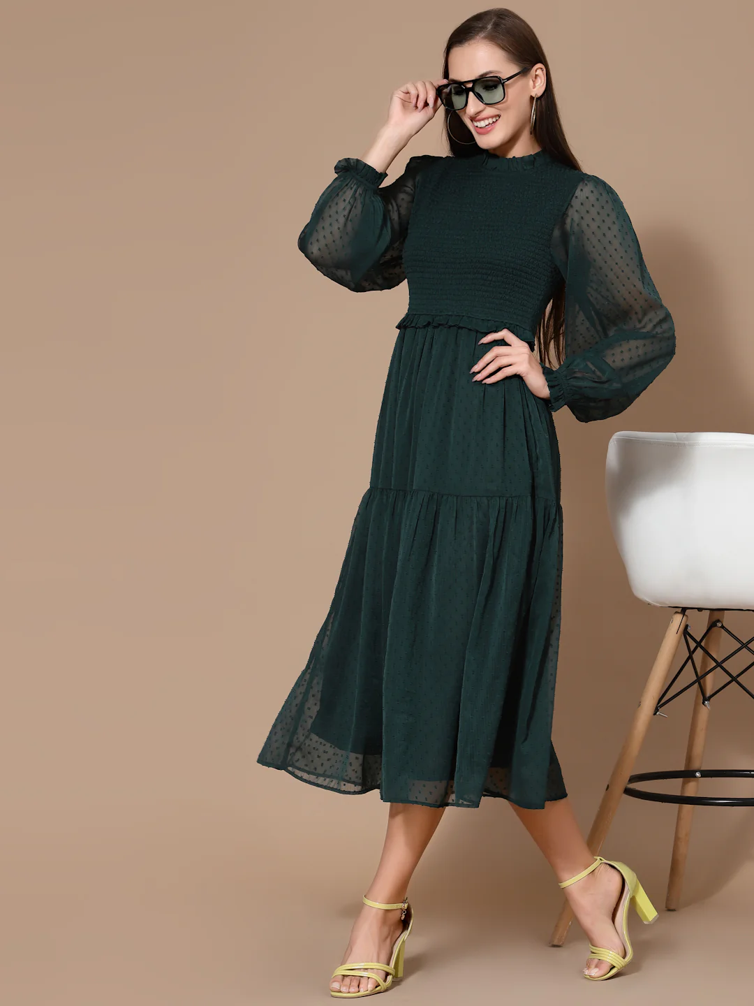 Women Green A-Line Odour Free Midi Dress - Image 5