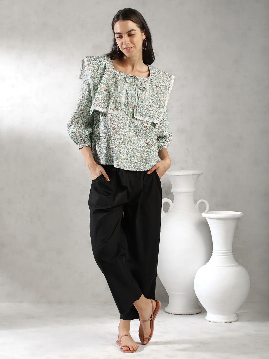 Women Green Printed A-Line Tops - Image 2