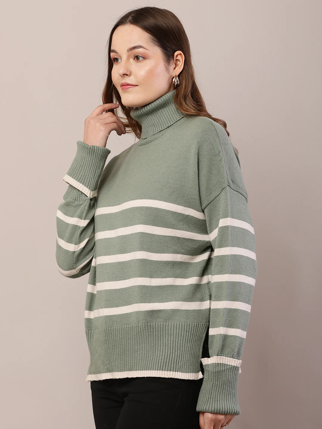 Women green acrylic full sleeve high-neck sweater - Image 2