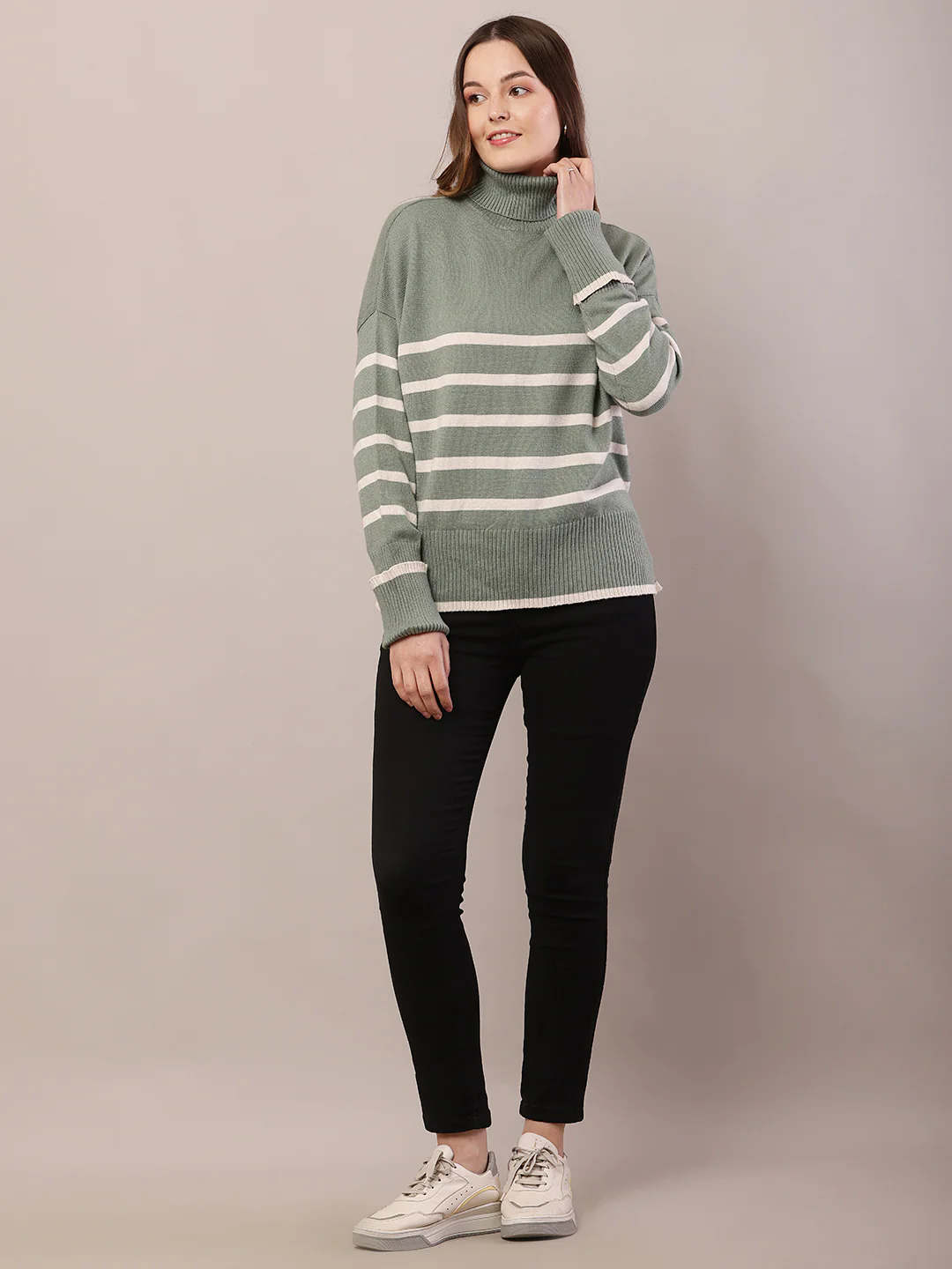 Women green acrylic full sleeve high-neck sweater - Image 3