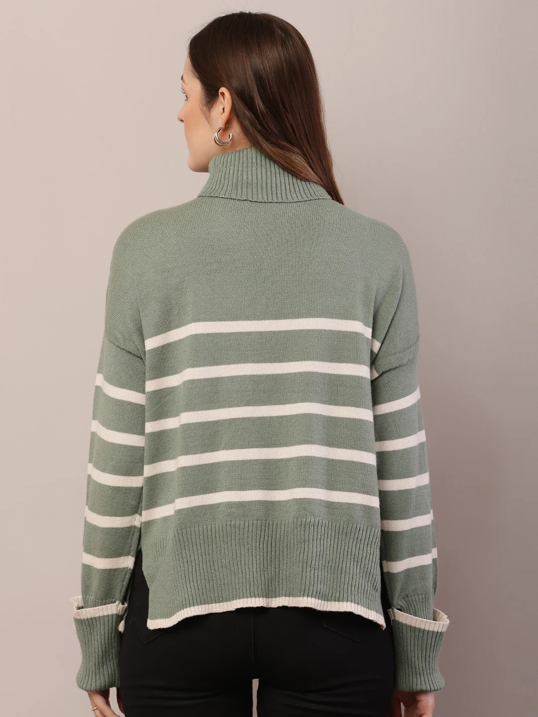 Women green acrylic full sleeve high-neck sweater - Image 4