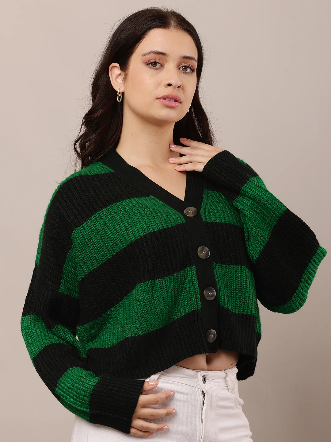 Women Green & Black Striped V-Neck Cardigan - Image 2