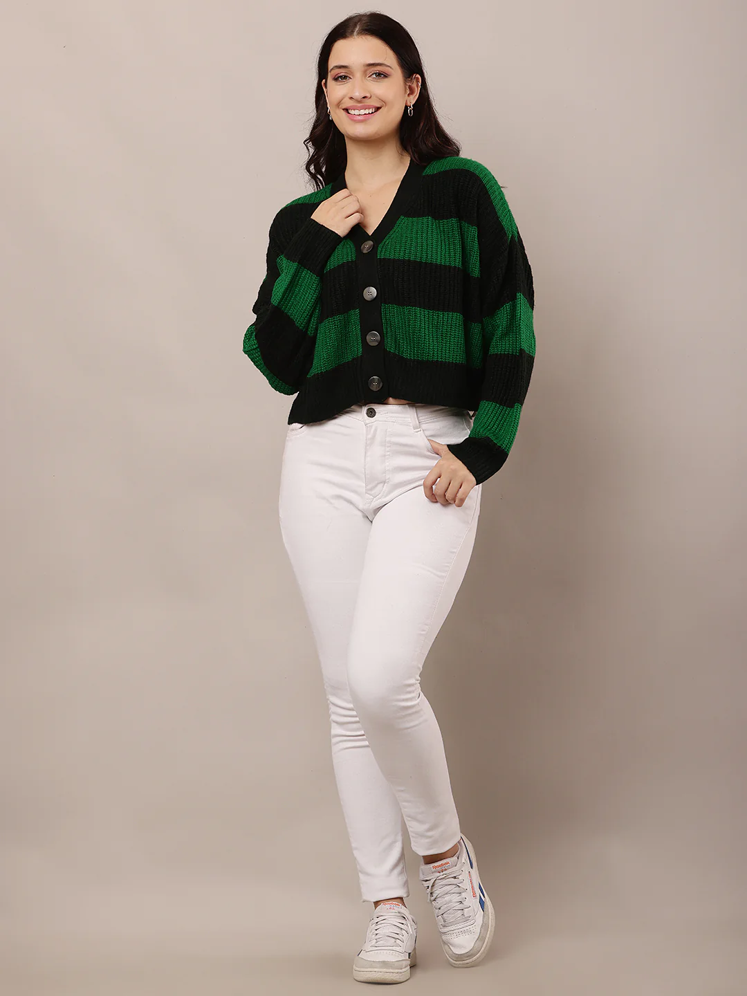 Women Green & Black Striped V-Neck Cardigan - Image 3