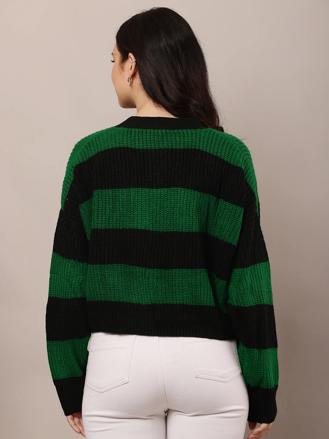 Women Green & Black Striped V-Neck Cardigan - Image 4