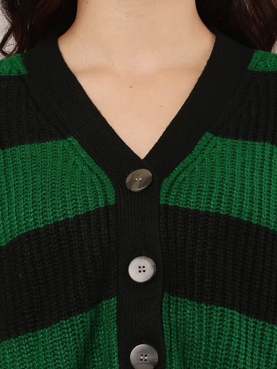 Women Green & Black Striped V-Neck Cardigan - Image 5