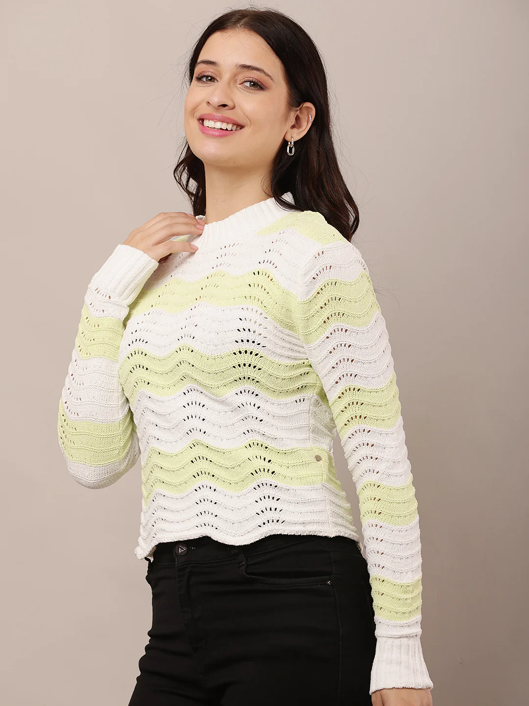 Women Green & White Crew Neck Sweater - Image 2