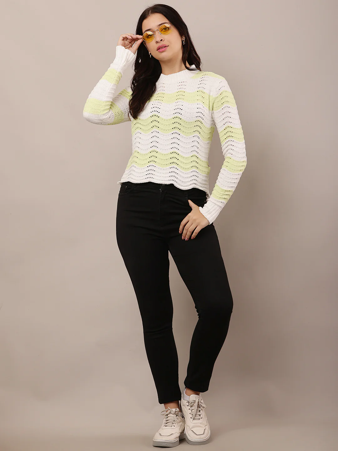 Women Green & White Crew Neck Sweater - Image 3