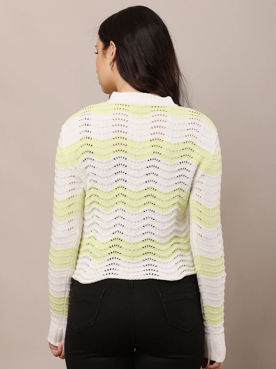 Women Green & White Crew Neck Sweater - Image 4