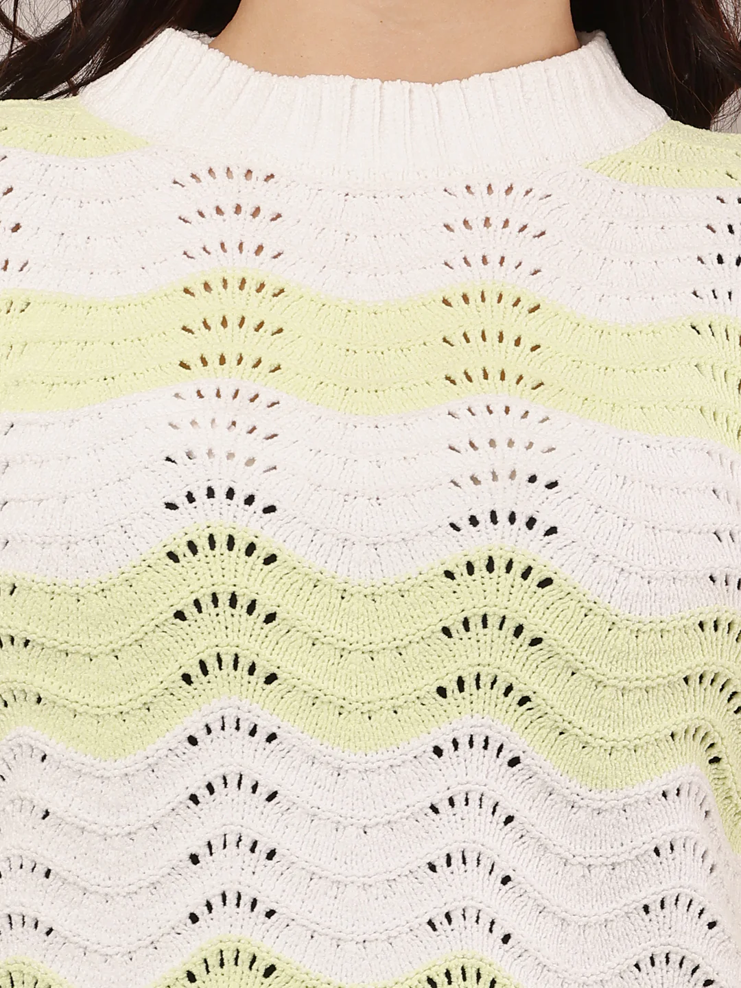 Women Green & White Crew Neck Sweater - Image 5