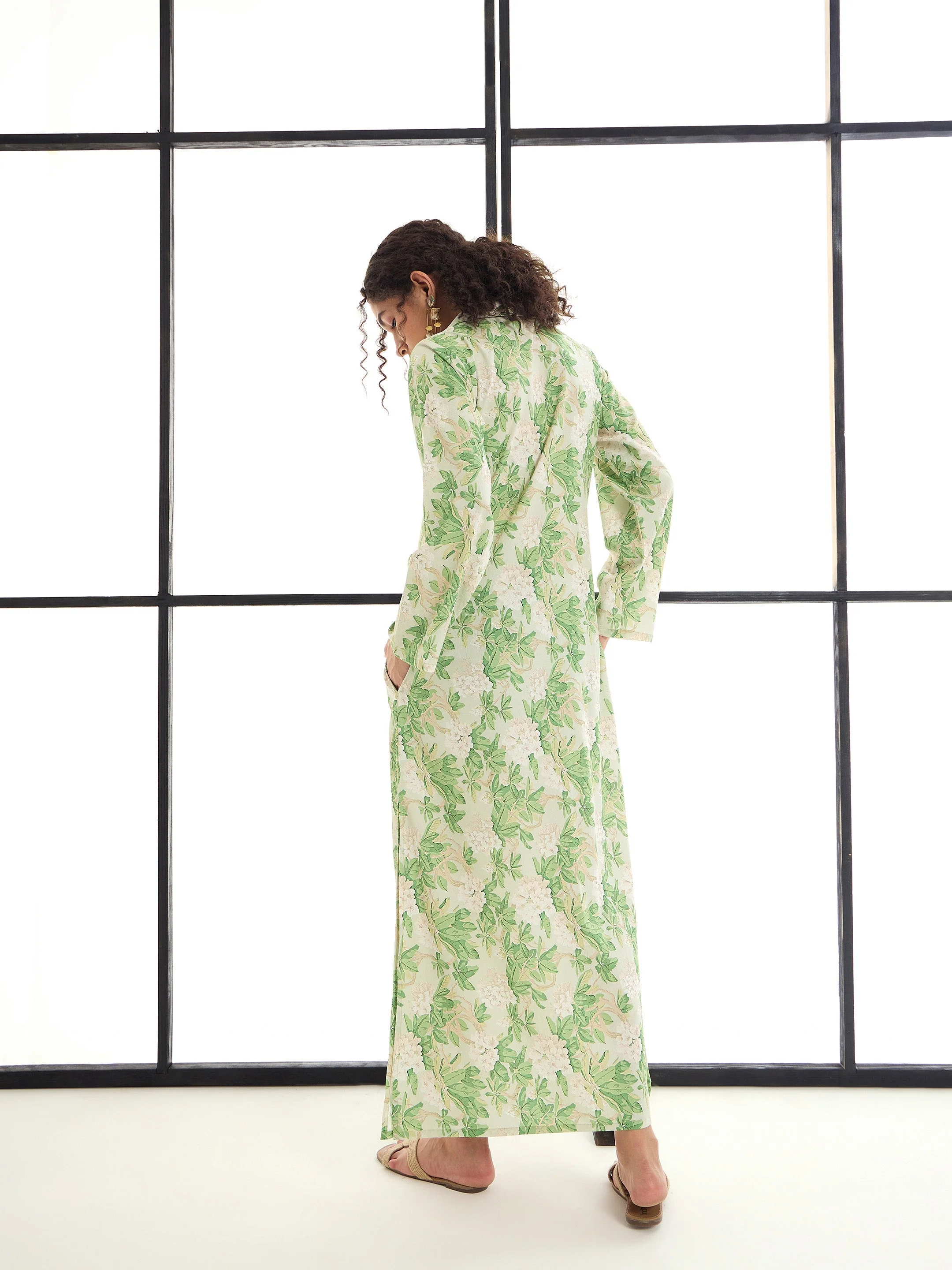 Women Green & Beige Floral Abaya Dress - Image 5