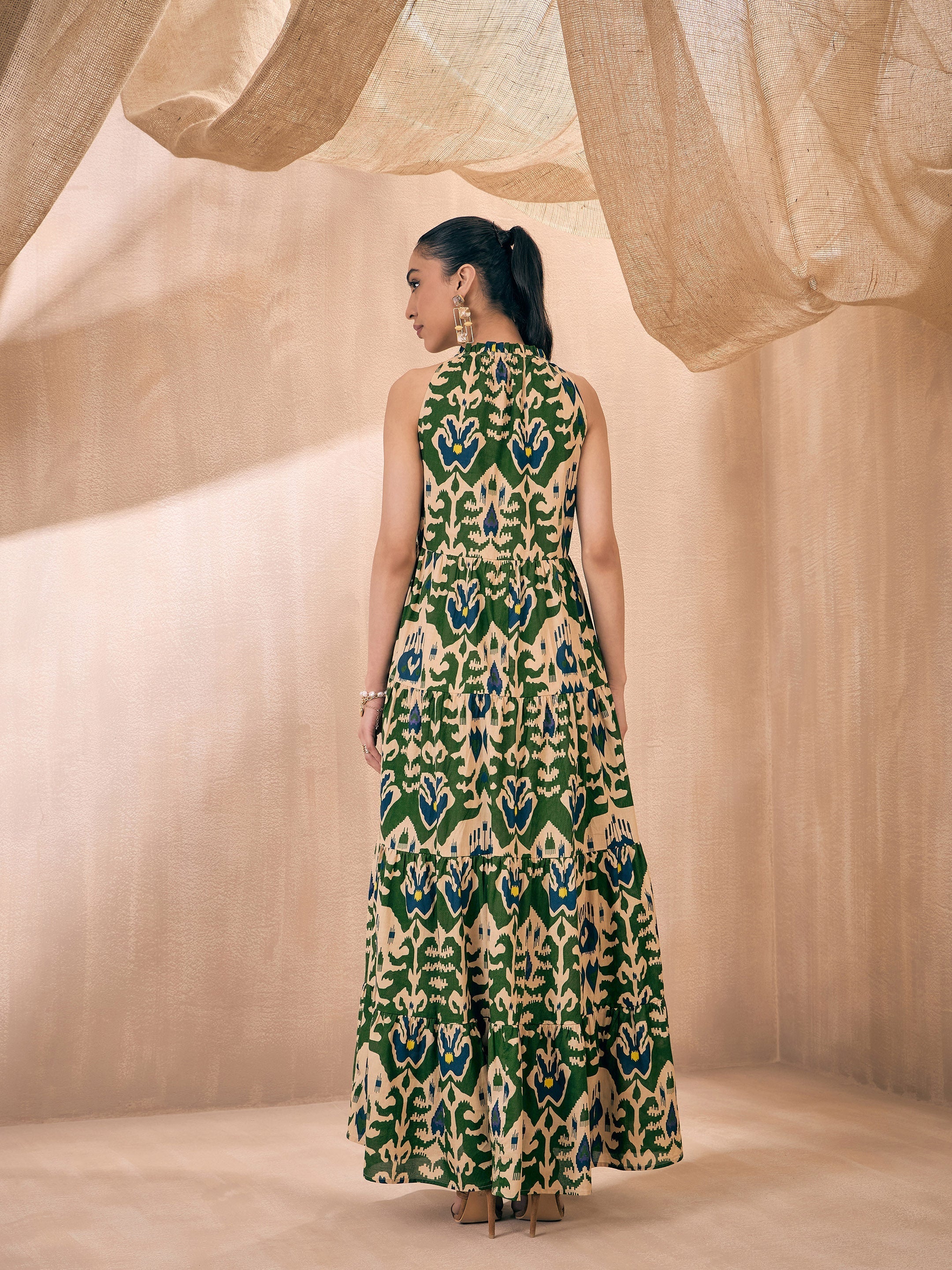 Women Green & Beige Ikat Printed Dori Neck Tiered Maxi - Image 2
