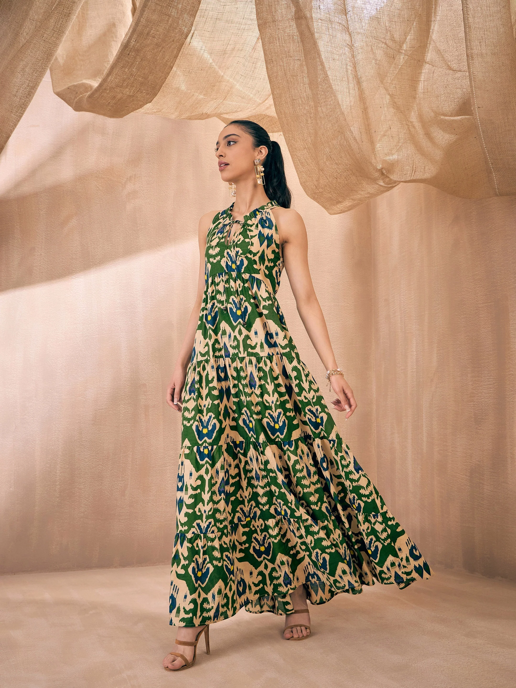 Women Green & Beige Ikat Printed Dori Neck Tiered Maxi - Image 4