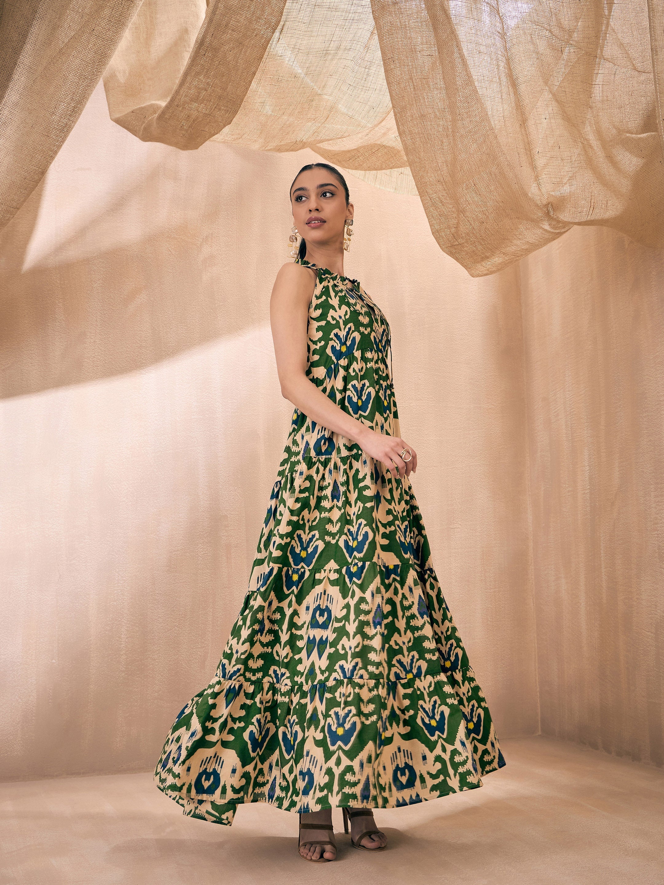 Women Green & Beige Ikat Printed Dori Neck Tiered Maxi - Image 5