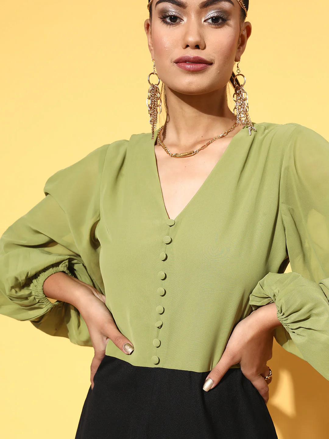 Women Green & Black Volume Sleeve Jumpsuit - Image 5