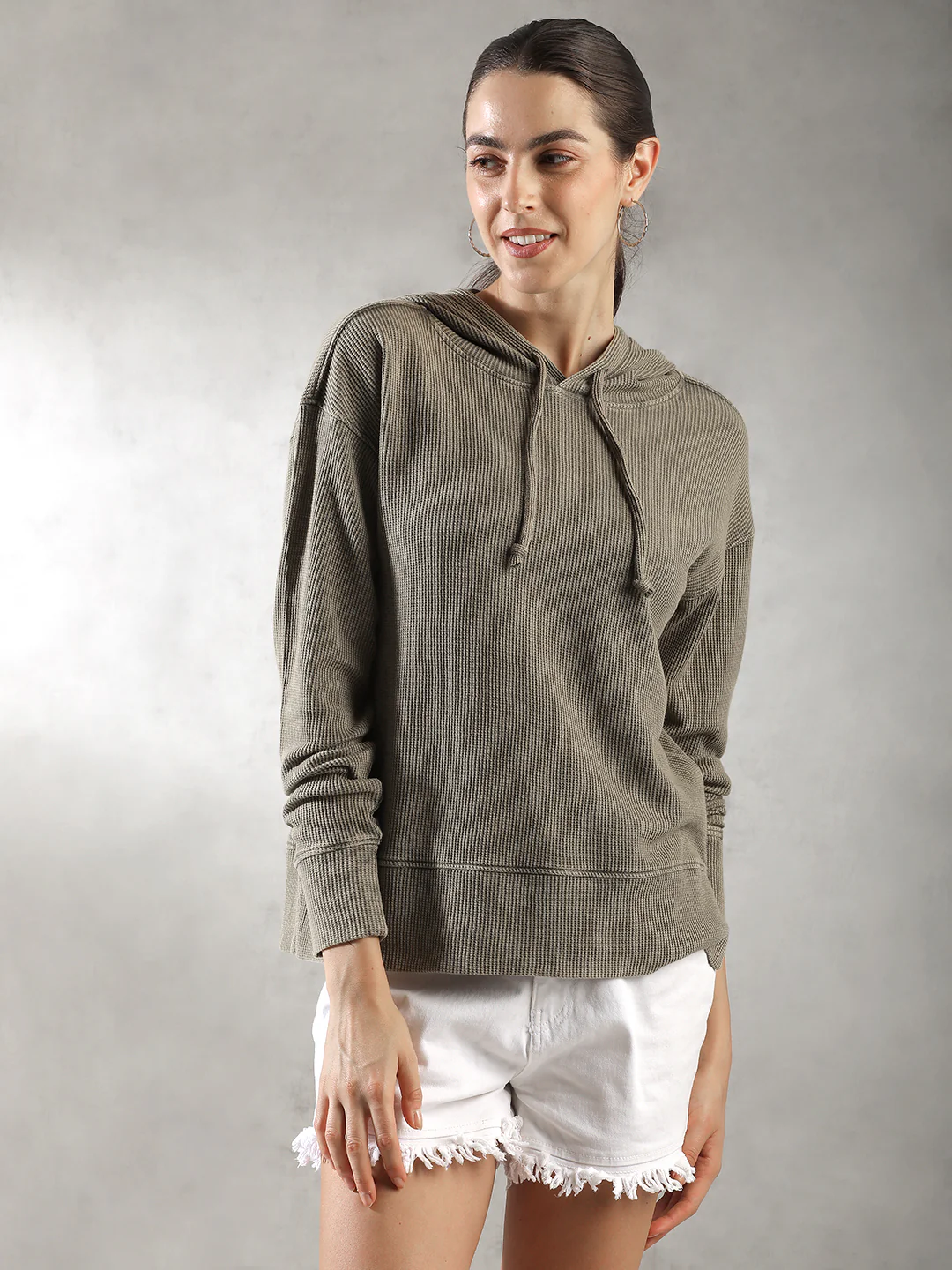 Women Olive Ribbed Hoodies - Image 3