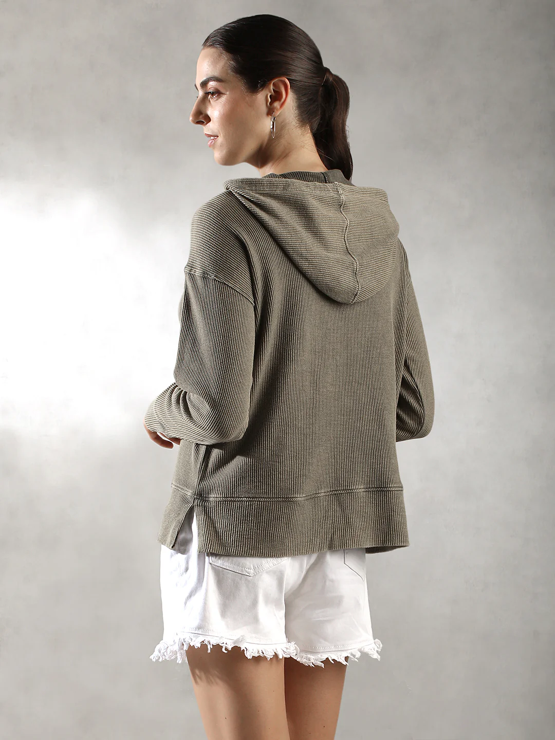 Women Olive Ribbed Hoodies - Image 4
