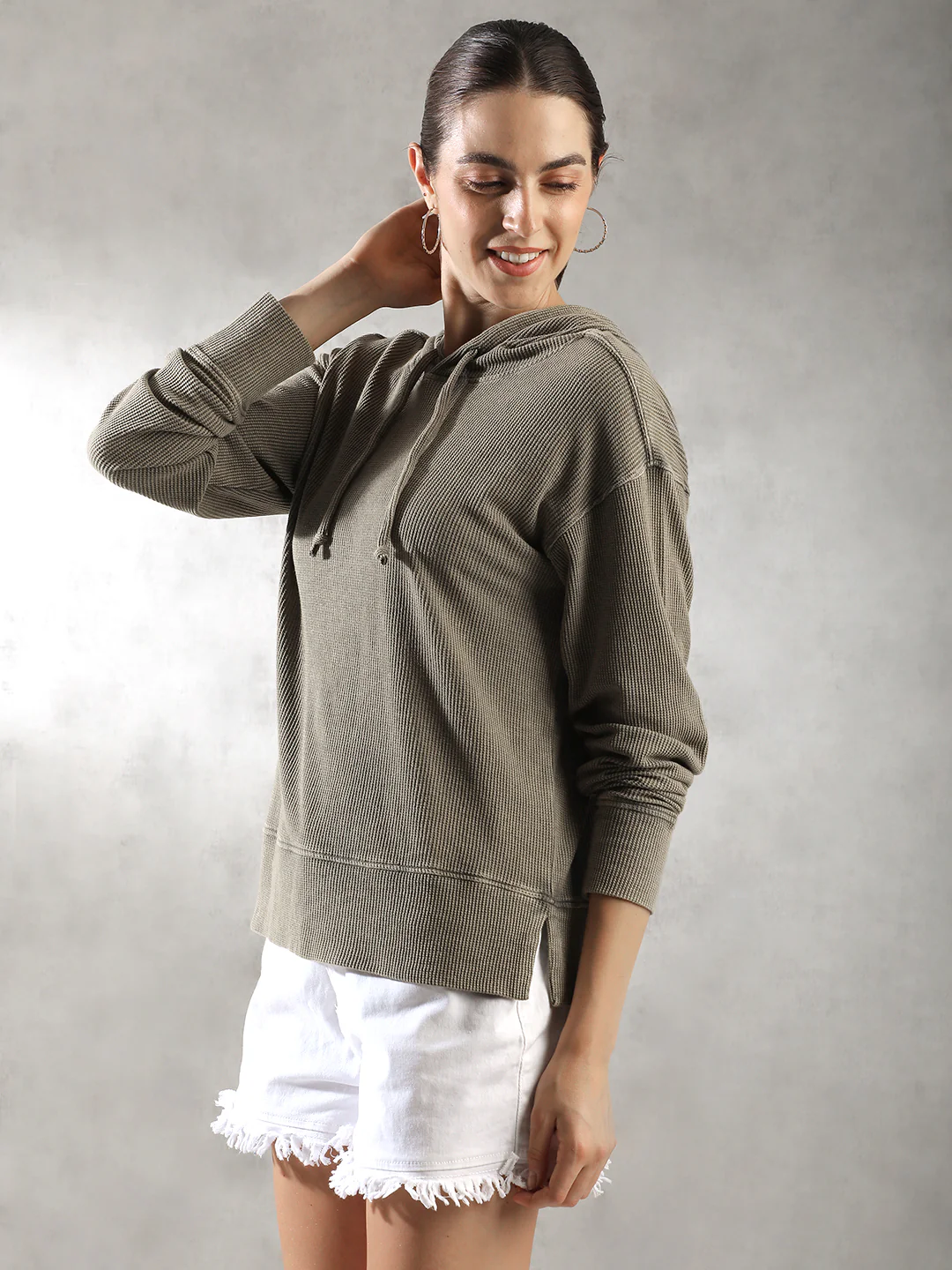 Women Olive Ribbed Hoodies - Image 5