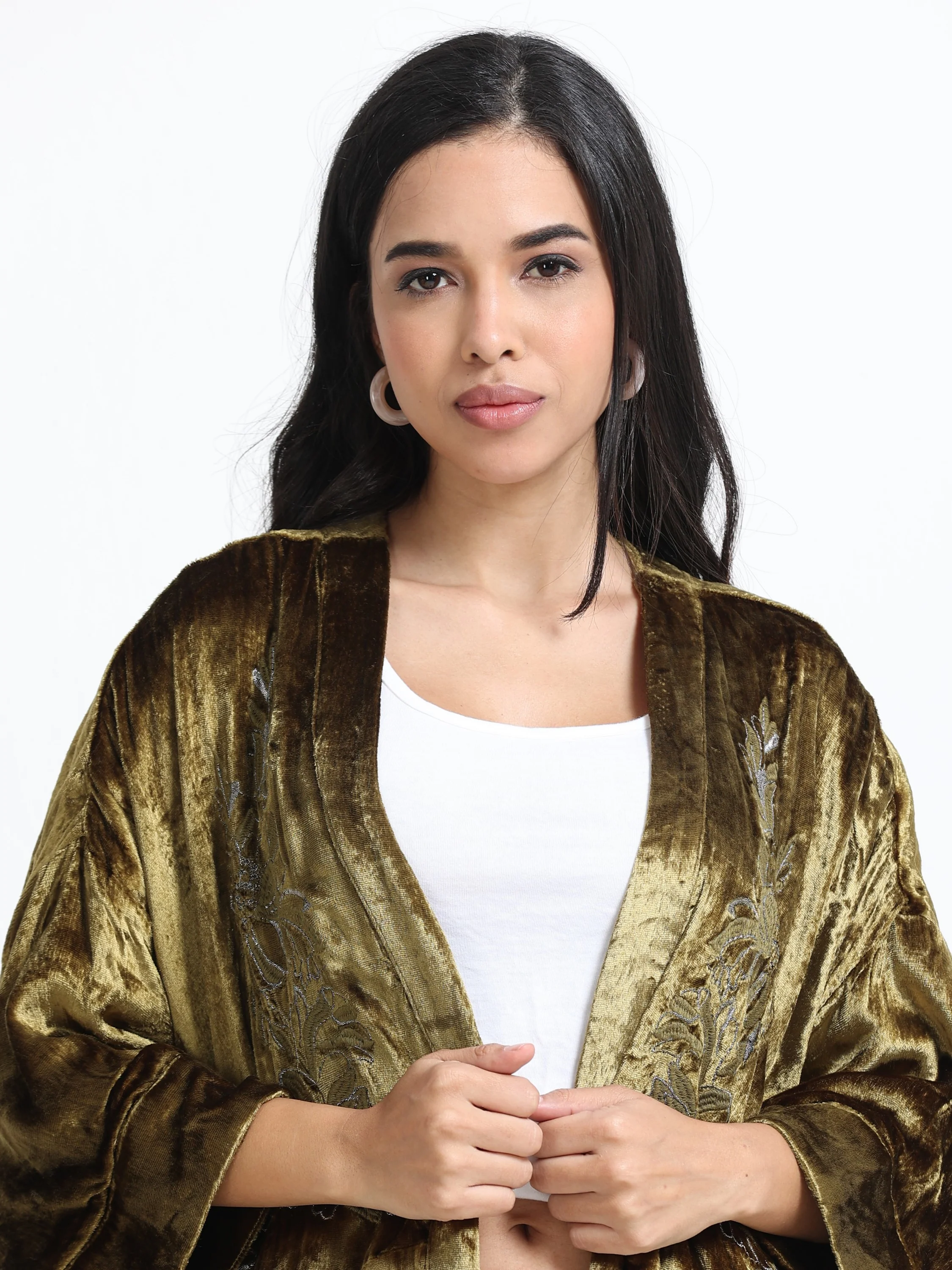 Women Green Velvet Embellished Kimono Jacket - Image 2